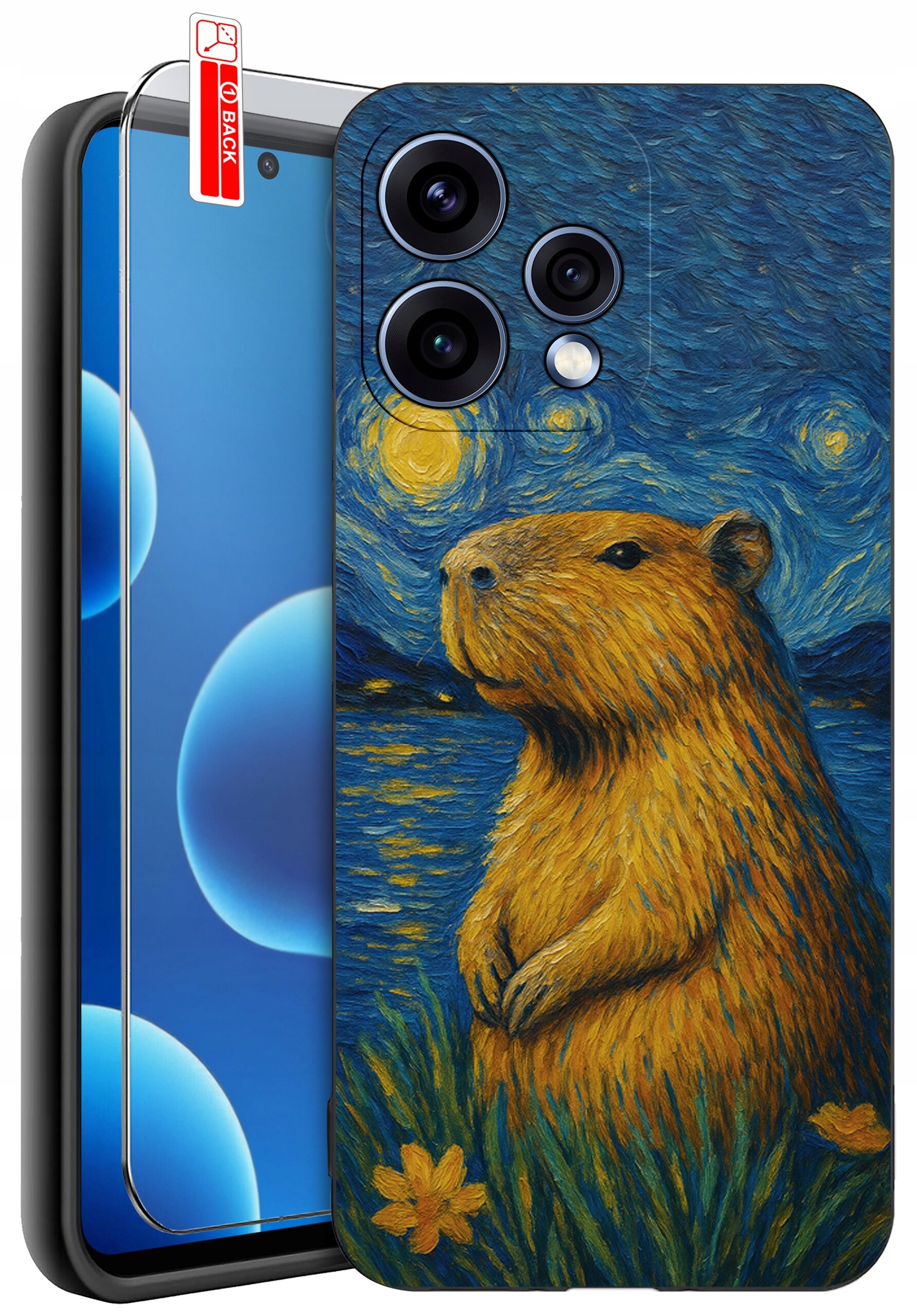 Etui na telefon z nadrukiem kapibary na tle gwiaździstego nieba, przypominającym styl malarski. Obok etui znajduje się szkło ochronne z oznaczeniem \'BACK\'.