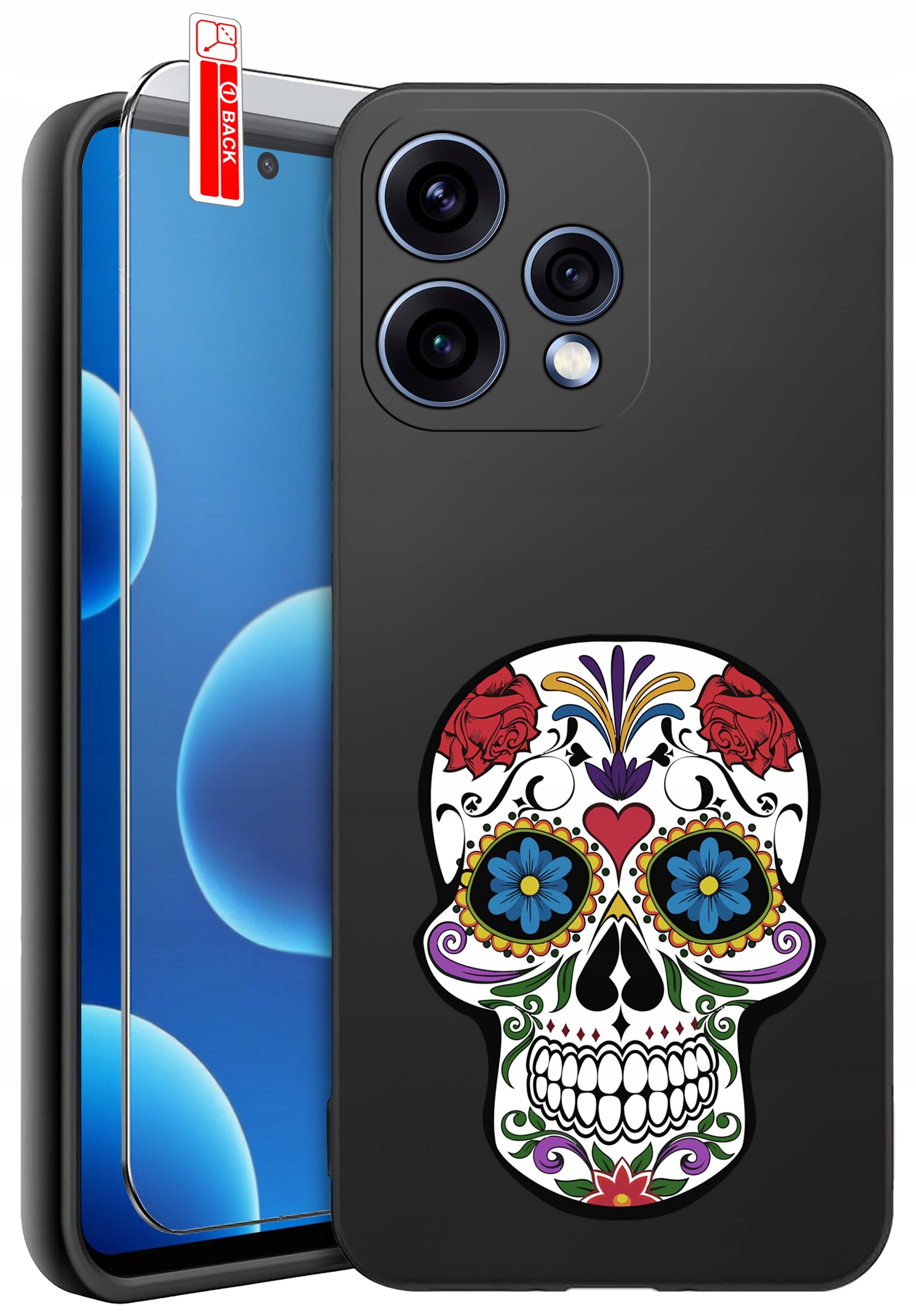 Czarne etui na telefon z kolorowym wzorem czaszki ozdobionej kwiatami i ornamentami. Obok znajduje się szkło ochronne z oznaczeniem \'BACK\'.