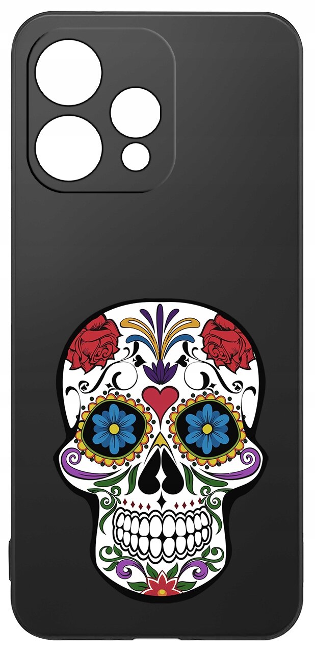 Czarne etui na telefon z kolorowym wzorem czaszki ozdobionej kwiatami i ornamentami. W górnej części znajduje się wycięcie na aparat z trzema okrągłymi otworami.