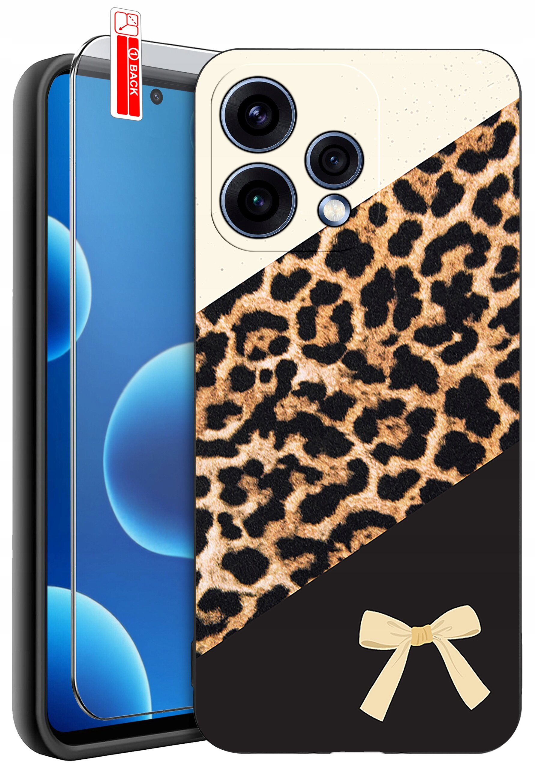 Etui na telefon z wzorem w cętki i czarnym dołem ozdobionym jasną kokardką. Obok etui znajduje się szkło ochronne z etykietą \'BACK\'.