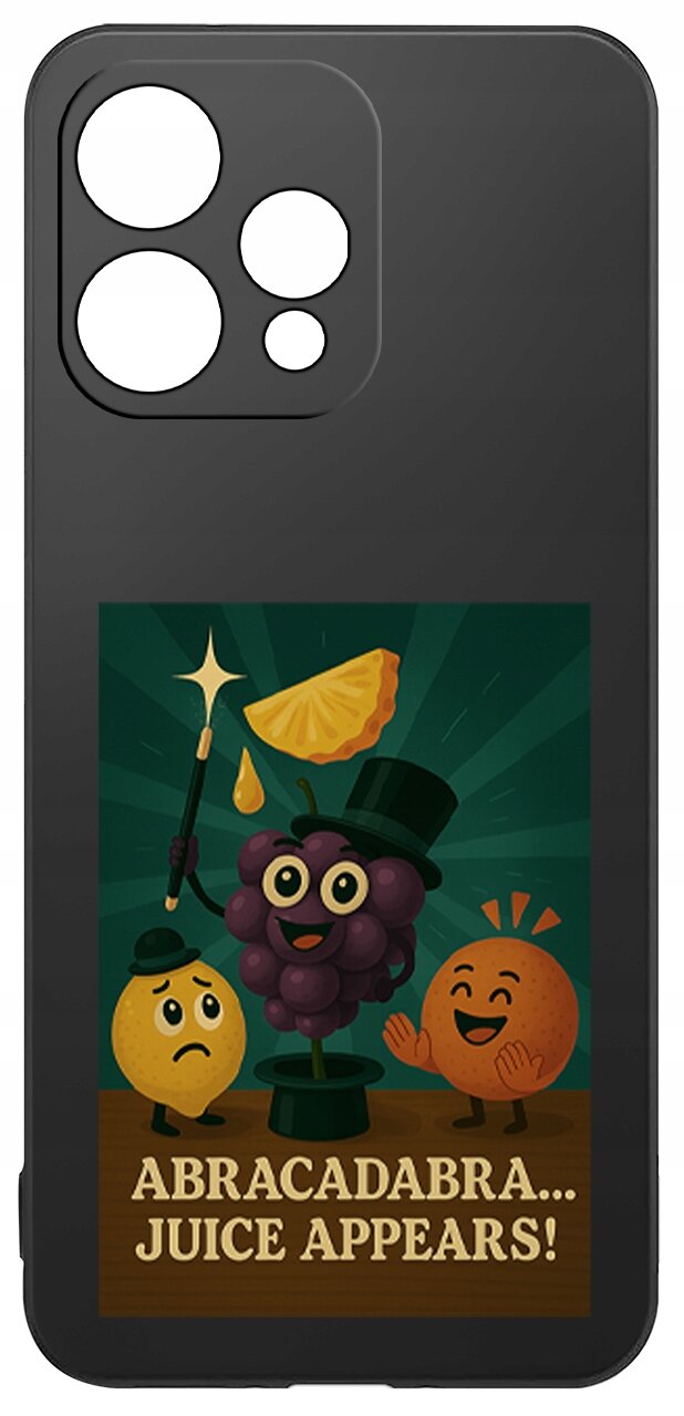 Czarne etui z grafiką przedstawiającą owoce: winogrono w cylindrze, cytrynę i pomarańczę, oraz napis \'ABRACADABRA... JUICE APPEARS!\'.