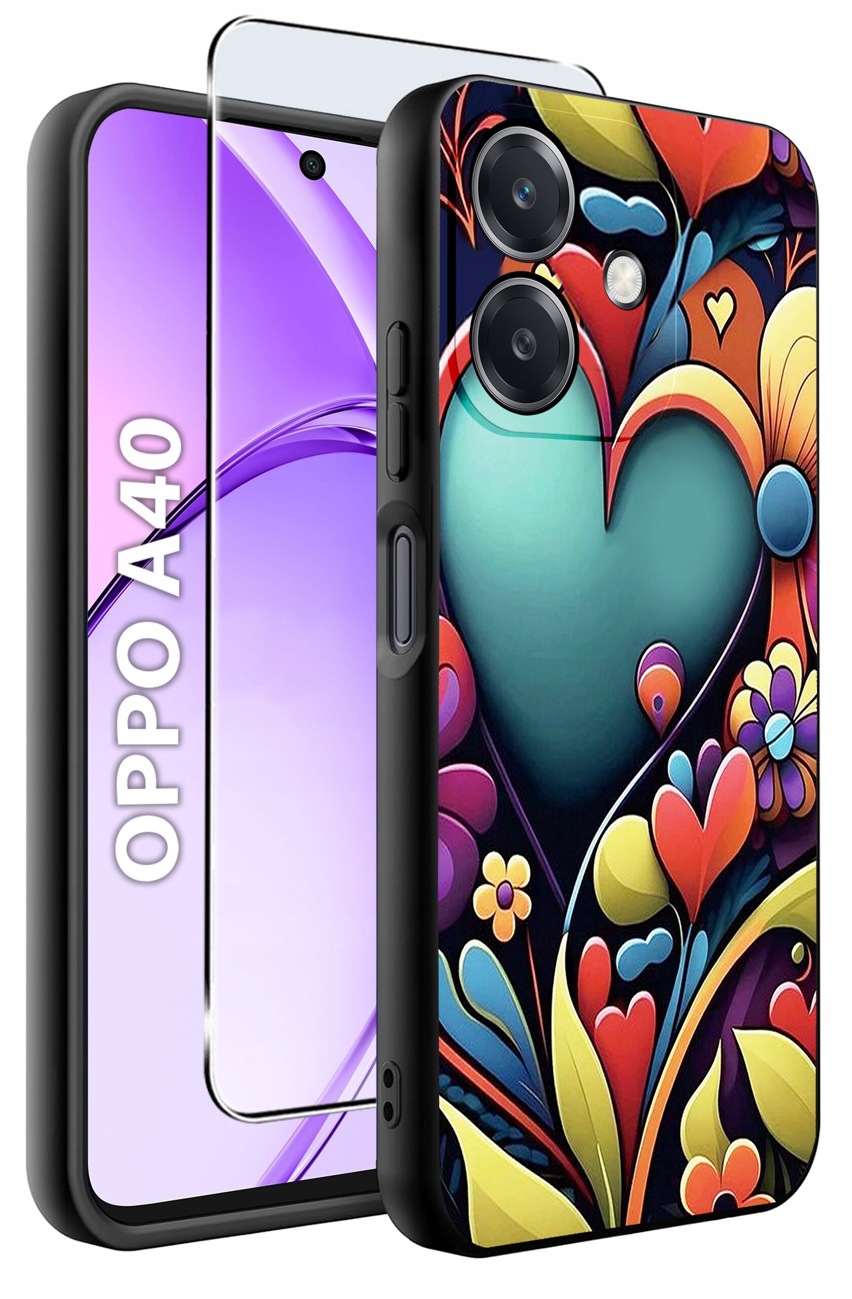 Obraz przedstawia etui na telefon z kolorowym, abstrakcyjnym wzorem w kształcie serca i kwiatów. Obok widoczny jest telefon z napisem \'OPPO A40\' oraz szkło ochronne.