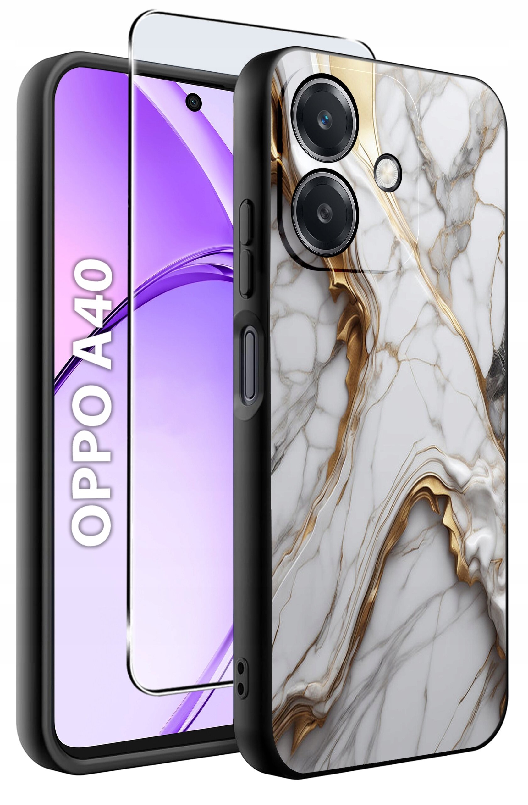 Obraz przedstawia etui na telefon z marmurowym wzorem w odcieniach bieli i złota oraz szkło ochronne. Na ekranie telefonu widoczny jest napis \'OPPO A40\'.