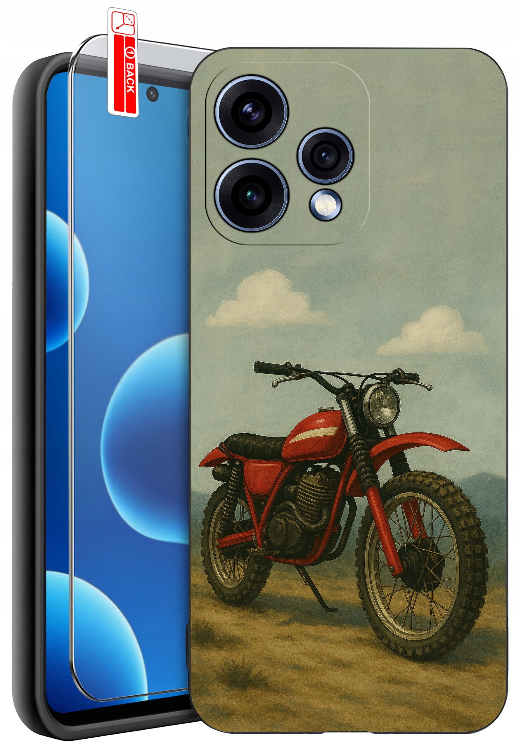 Etui na telefon z nadrukiem czerwonego motocykla na tle nieba z chmurami. Obok etui znajduje się szkło ochronne z napisem \'BACK\'.