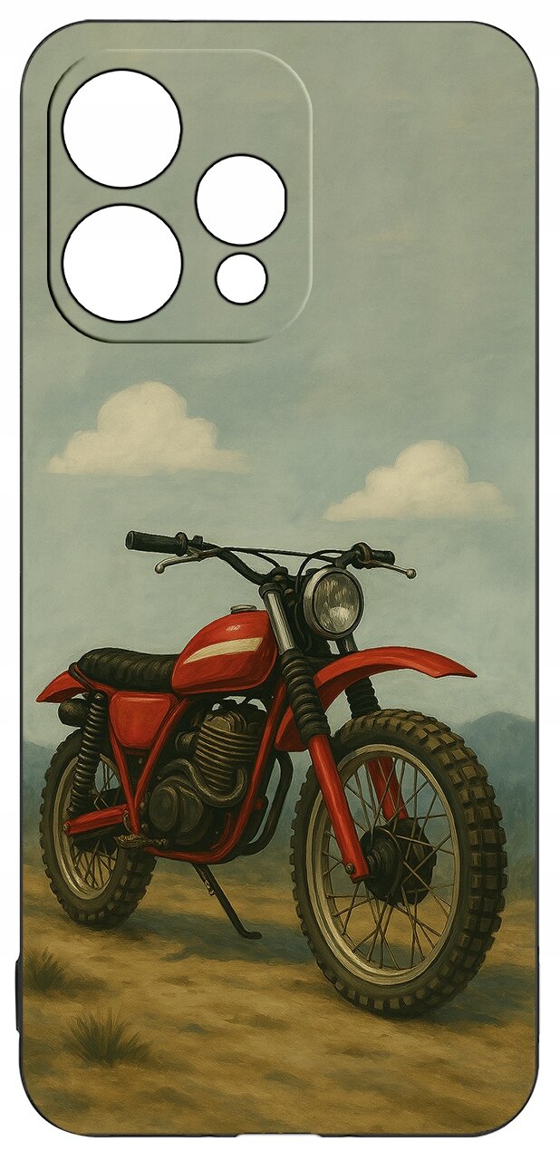 Etui z nadrukiem motocykla na tle nieba z chmurami, z wycięciami na aparat w kształcie prostokąta z zaokrąglonymi rogami.