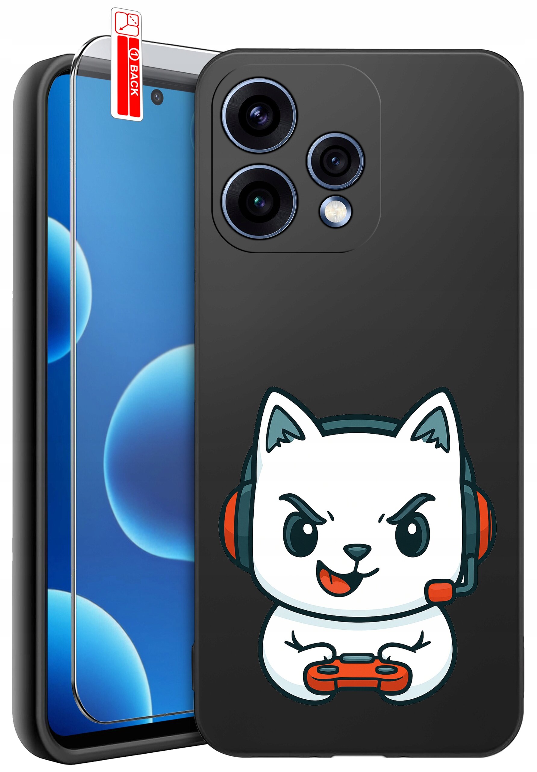 Na obrazie widoczne jest czarne etui na telefon z nadrukiem białego kota w słuchawkach trzymającego kontroler do gier. Obok etui znajduje się szkło ochronne z czerwoną naklejką \'BACK\'.