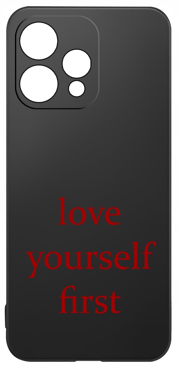 Czarne etui na telefon z trzema wycięciami na aparat i czerwonym napisem \'love yourself first\'.