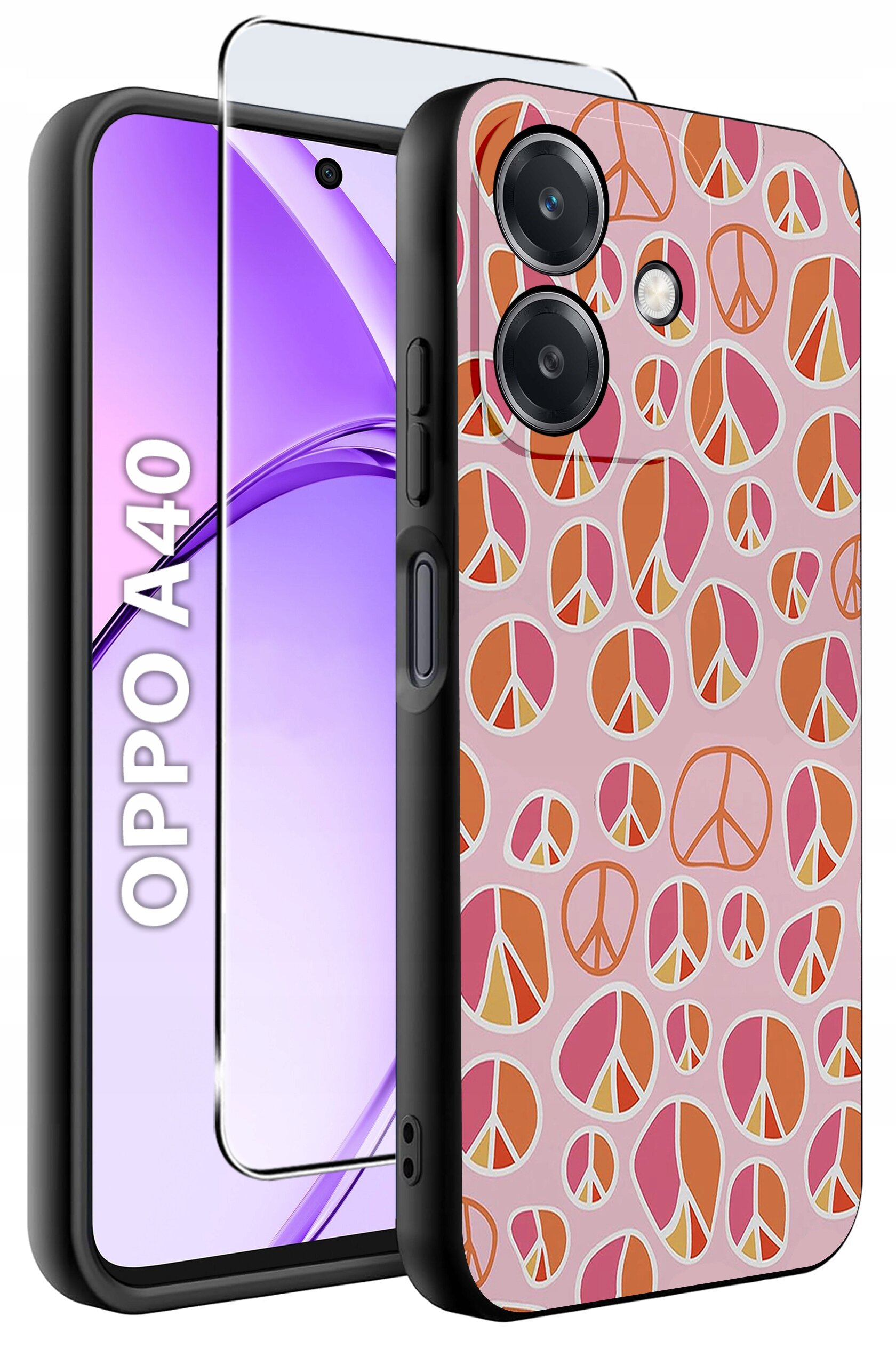 Obraz przedstawia etui na telefon z kolorowym wzorem symboli pokoju oraz szkło ochronne. Na ekranie telefonu widoczny jest napis \'OPPO A40\'.