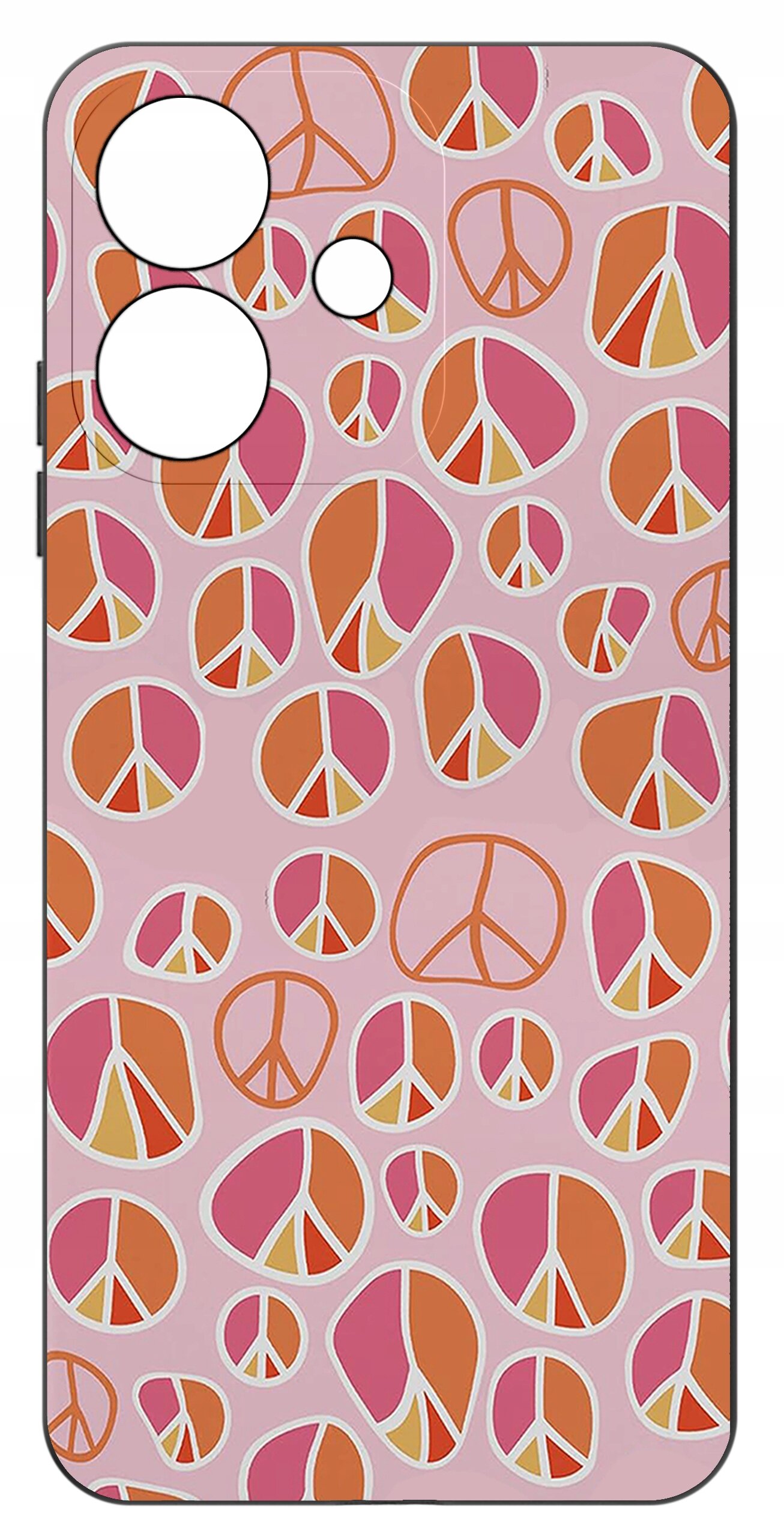 Etui na telefon z różowym tłem, ozdobione wzorami symboli pokoju w odcieniach pomarańczowego i różowego.