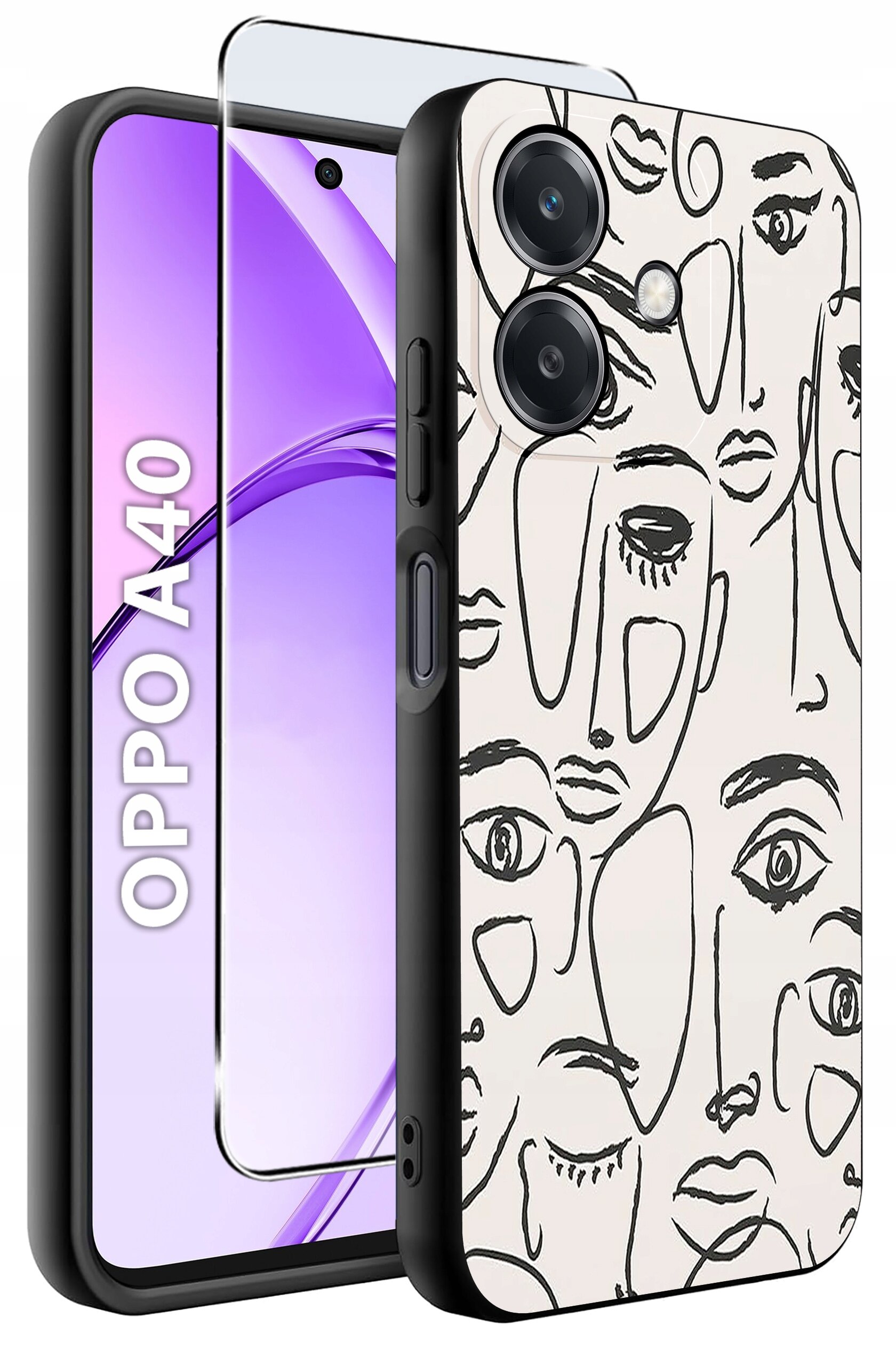 Etui do telefonu z abstrakcyjnym wzorem twarzy w czarnych liniach na jasnym tle, obok znajduje się szkło ochronne. Na ekranie telefonu widoczny jest napis \'OPPO A40\'.