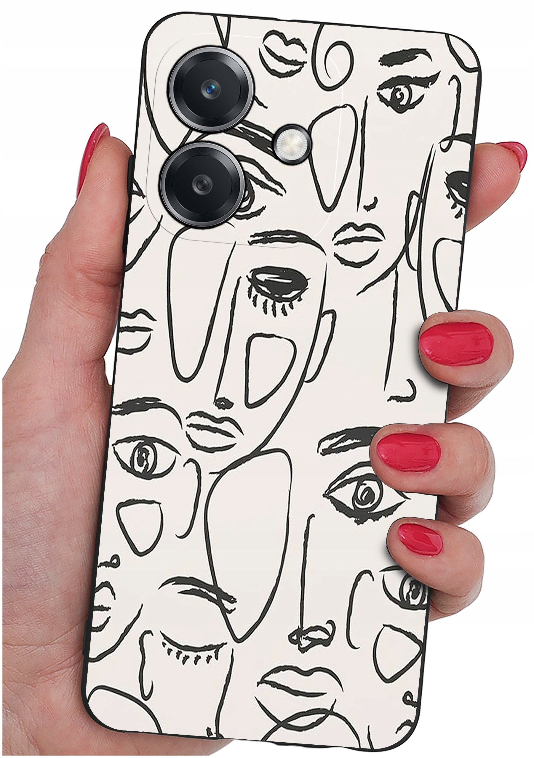 Etui na telefon z abstrakcyjnym wzorem twarzy w czarnych liniach na białym tle, trzymane w dłoni z czerwonymi paznokciami. Widoczne są dwa obiektywy aparatu i lampa błyskowa.