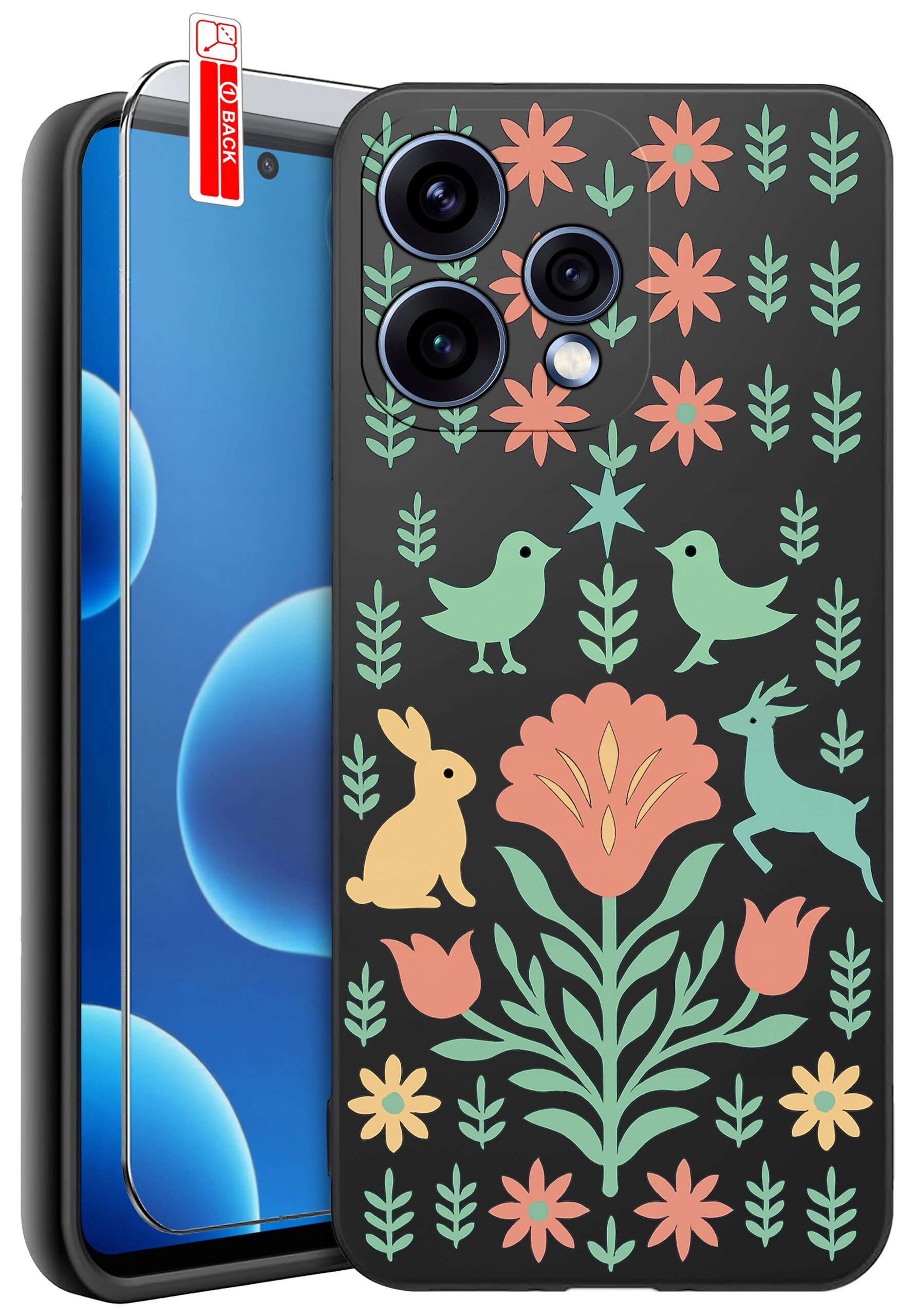 Etui na telefon z kolorowym wzorem przedstawiającym kwiaty, ptaki, królika i jelenia na ciemnym tle. Obok etui znajduje się szkło ochronne z napisem \'BACK\'.