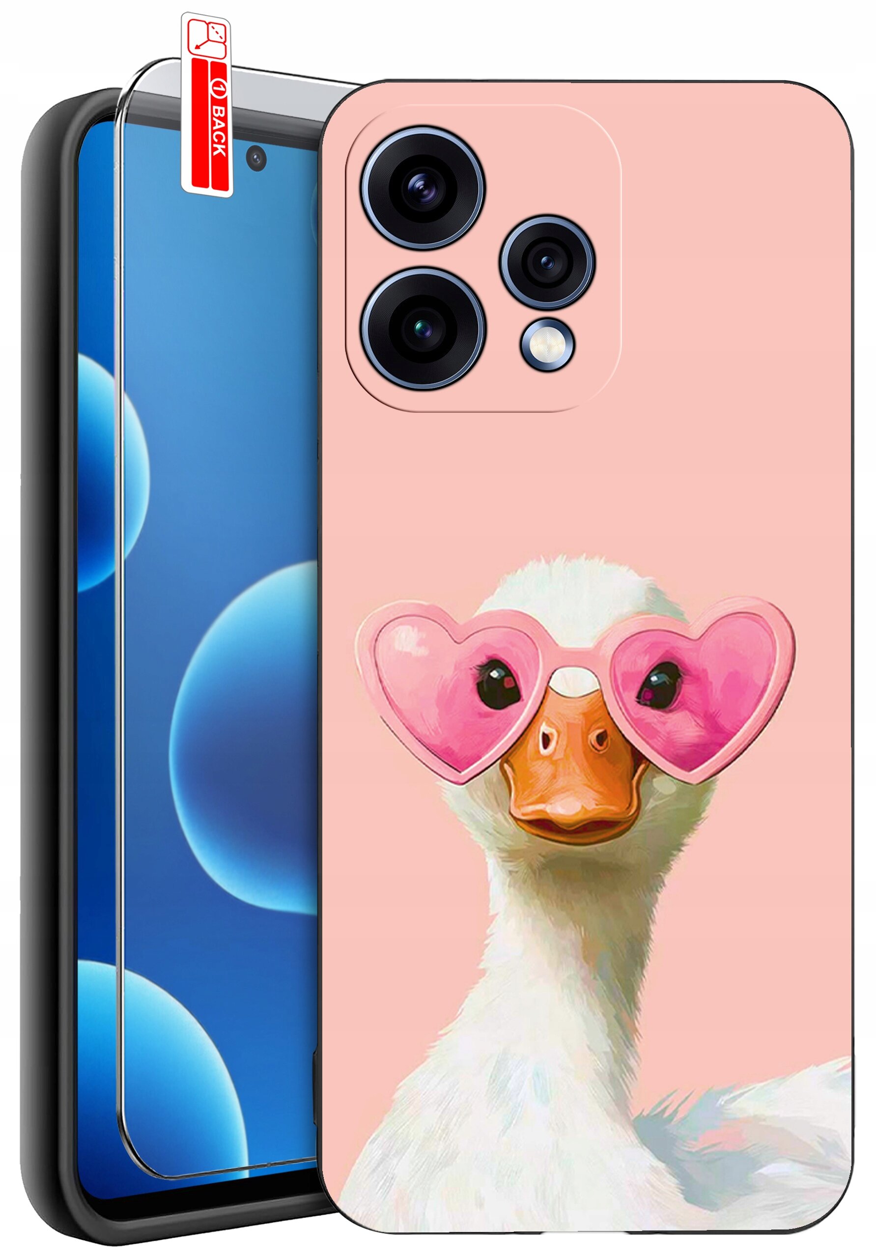 Etui na telefon z nadrukiem kaczki w różowych okularach w kształcie serc. Obok znajduje się szkło ochronne z etykietą \'BACK\'.