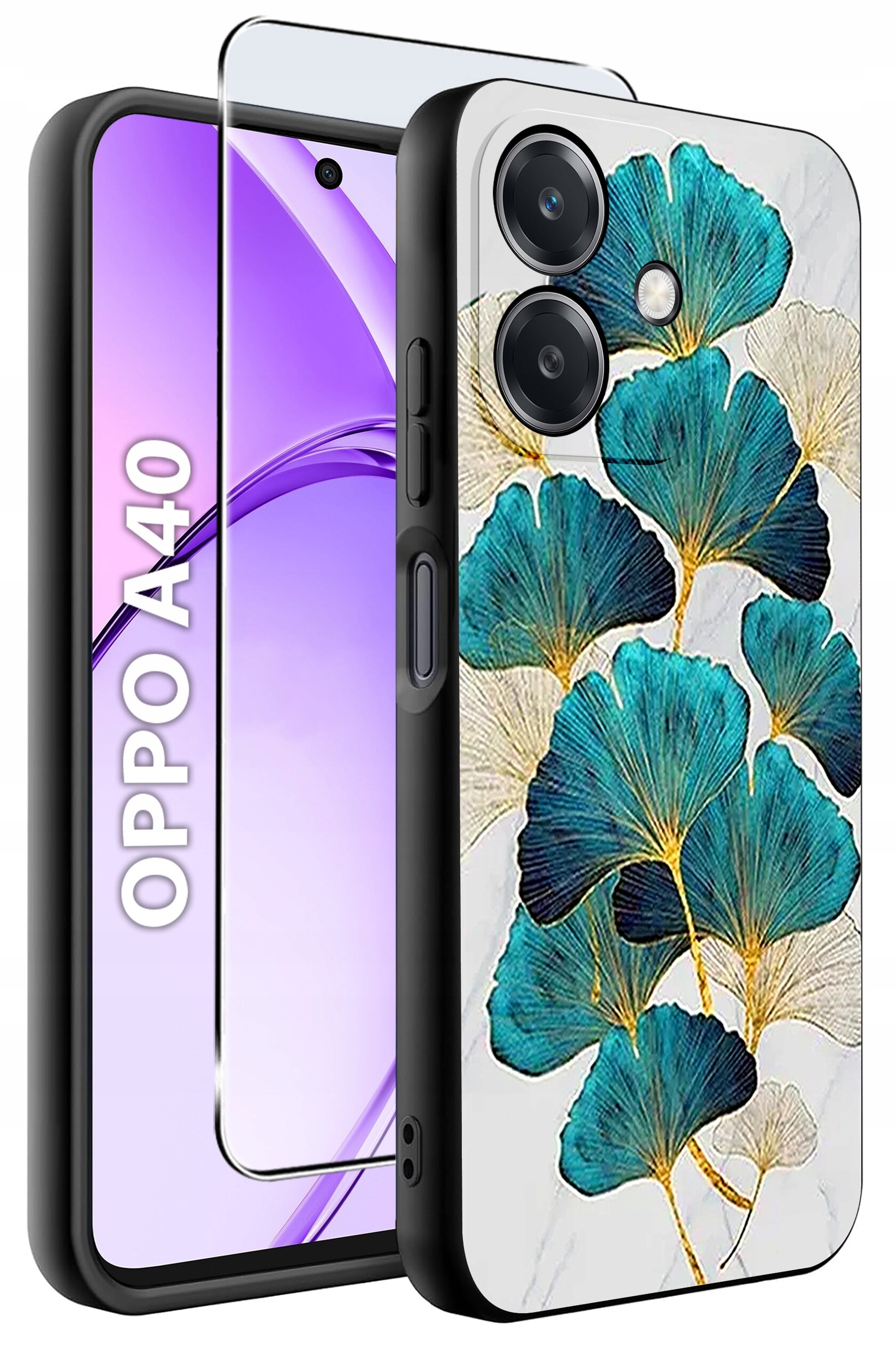 Etui do telefonu z motywem niebiesko-zielonych liści na białym tle, obok telefonu z napisem \'OPPO A40\'.