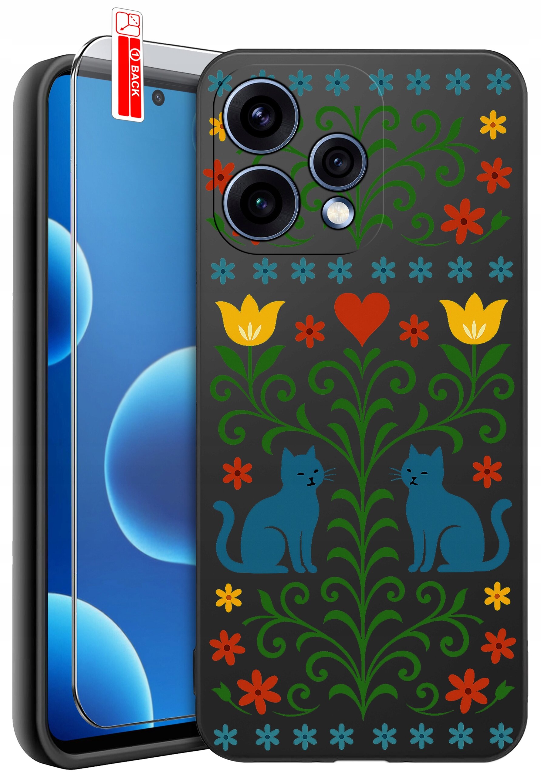 Etui na telefon z kolorowym wzorem przedstawiającym dwa niebieskie koty, kwiaty i serce na ciemnym tle. Obok etui znajduje się szkło ochronne z oznaczeniem \'BACK\'.