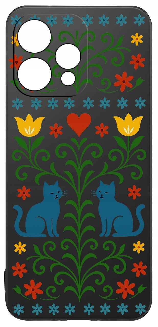 Etui na telefon z kolorowym wzorem przedstawiającym dwa niebieskie koty, żółte kwiaty i czerwone serce na czarnym tle.