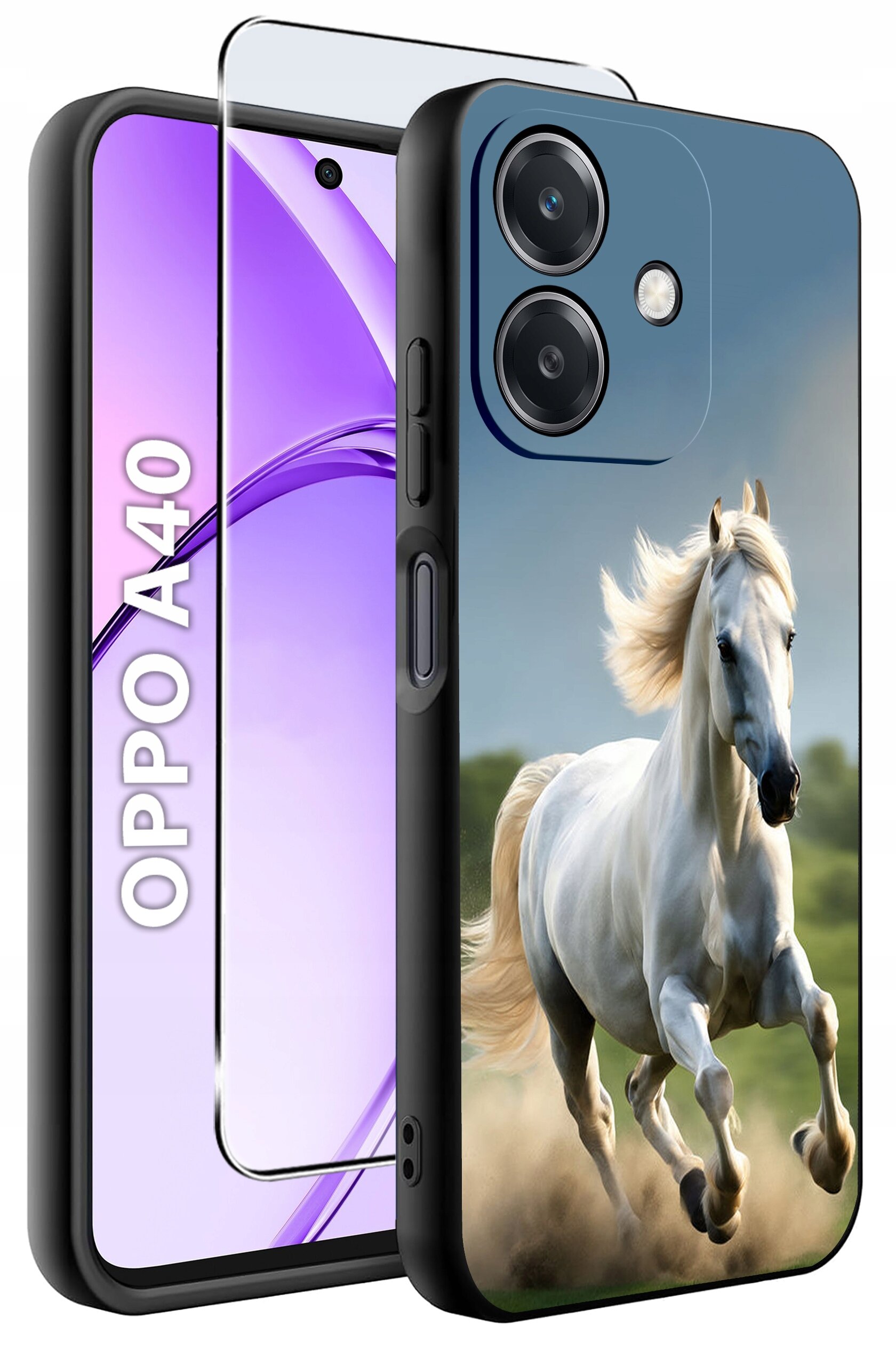 Etui na telefon z nadrukiem galopującego białego konia, obok widoczny telefon z napisem \'OPPO A40\'.
