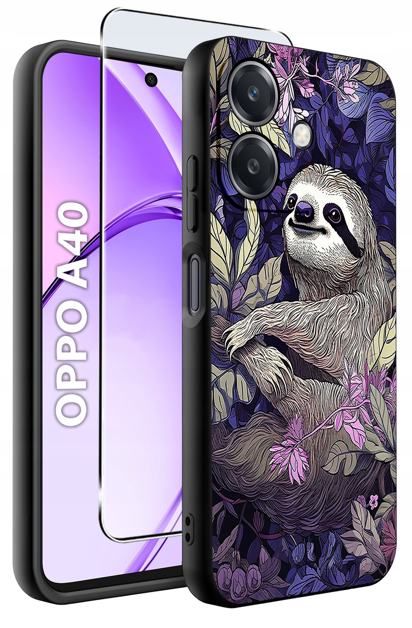 Etui na telefon z motywem leniwca otoczonego liśćmi i kwiatami, obok widoczny telefon z napisem \'OPPO A40\'.