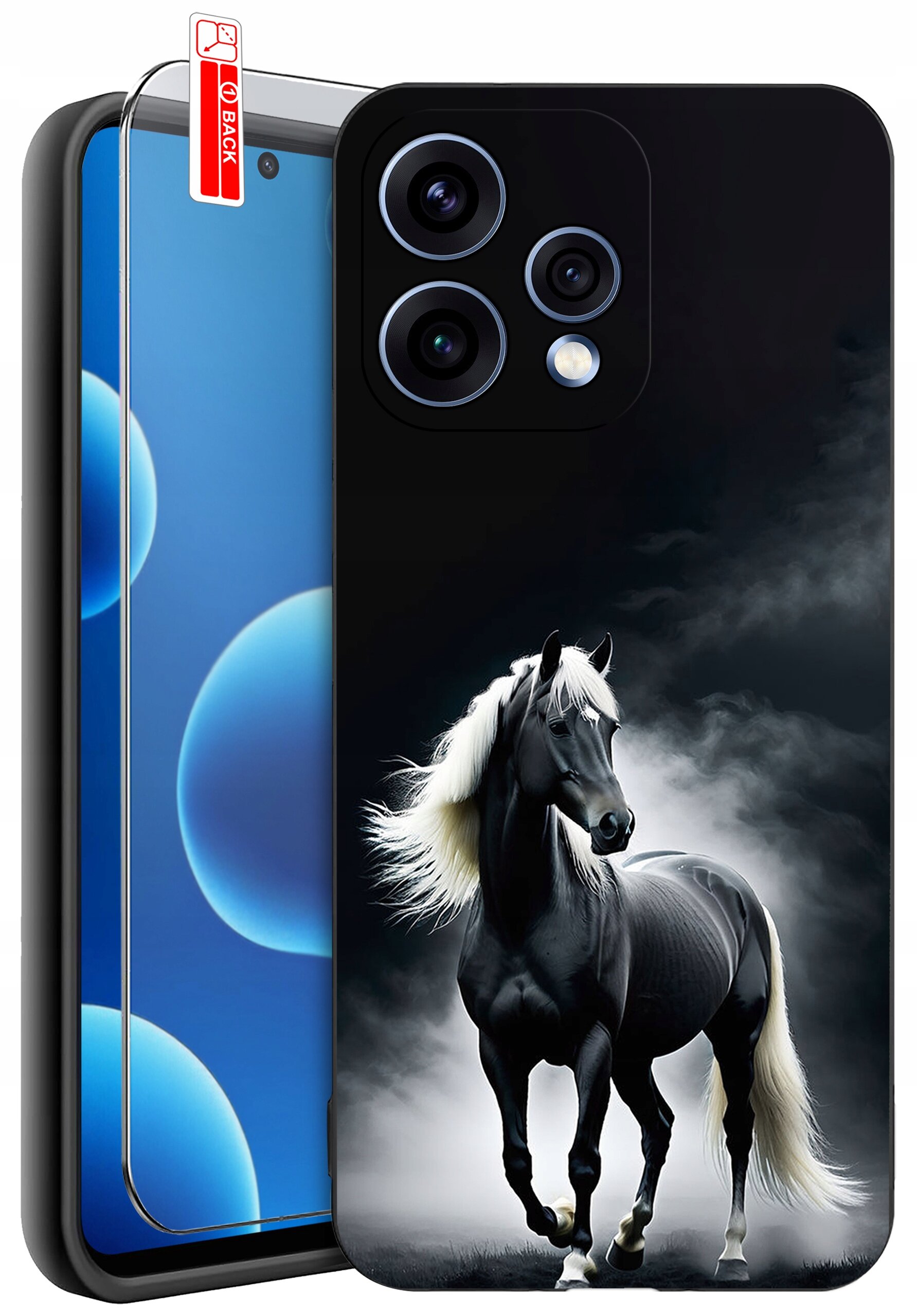 Obraz przedstawia etui na telefon z nadrukiem czarnego konia na tle chmur. Obok etui znajduje się szkło ochronne z napisem \'BACK\'.