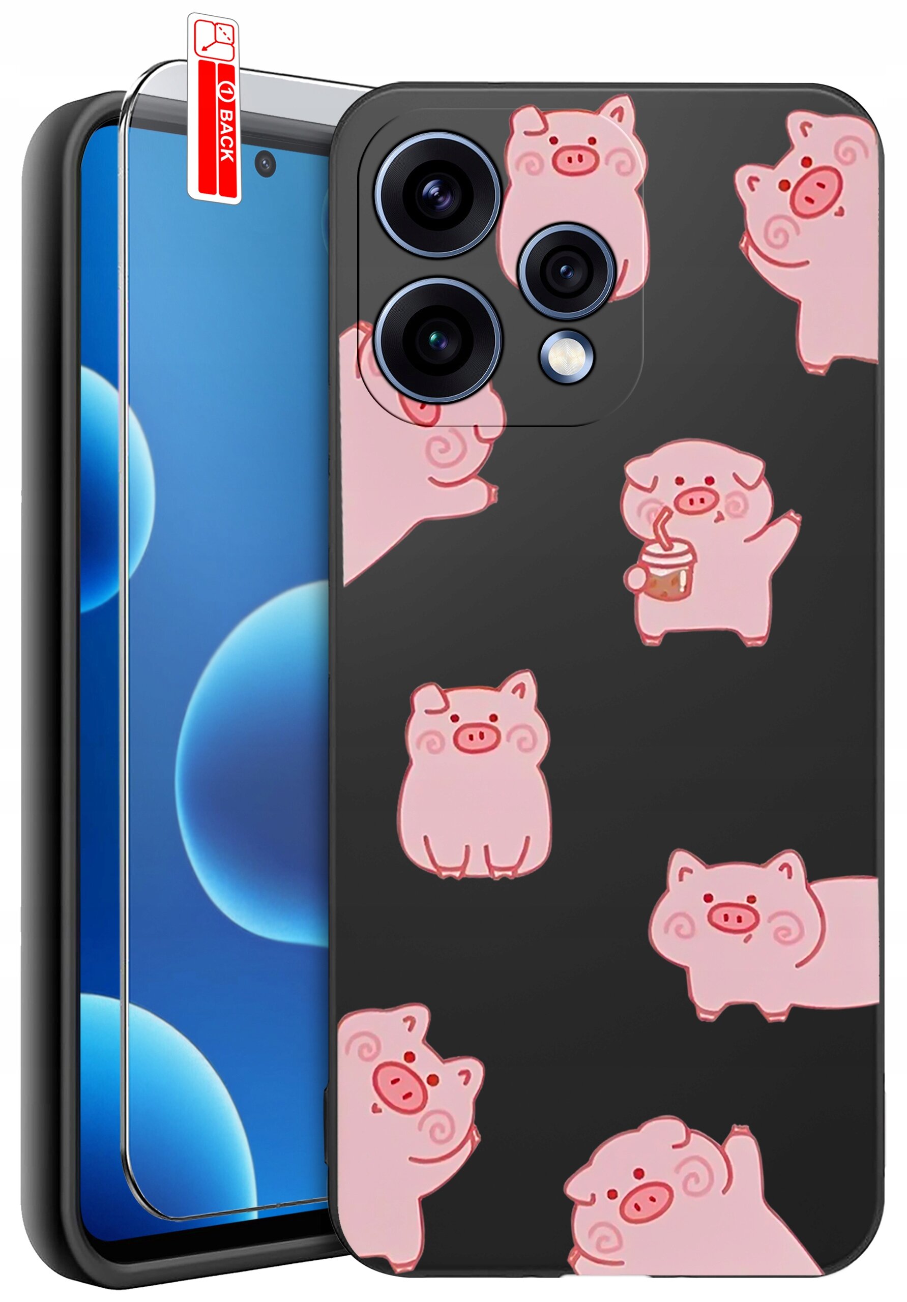 Na obrazie widoczne jest silikonowe etui na telefon z wzorem różowych świnek na czarnym tle oraz szkło ochronne z napisem \'BACK\'.