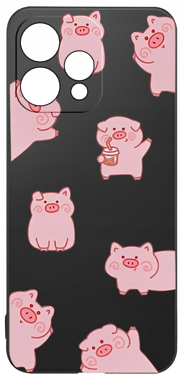 Etui na telefon z czarnym tłem ozdobione różowymi grafikami świnek w różnych pozach.