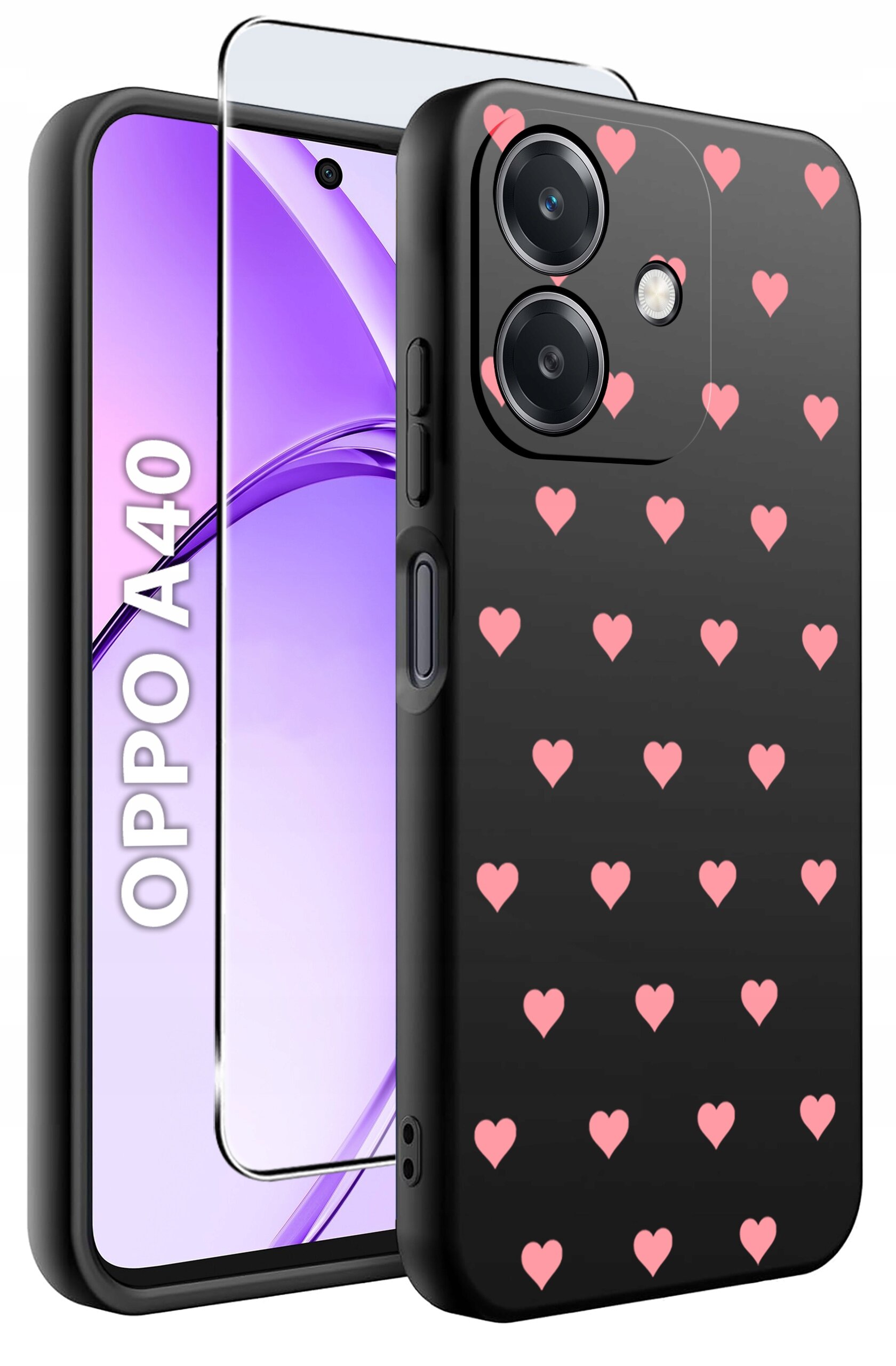 Obraz przedstawia czarne etui na telefon z różowymi sercami oraz szkło ochronne. Na ekranie telefonu widoczny jest napis \'OPPO A40\'.