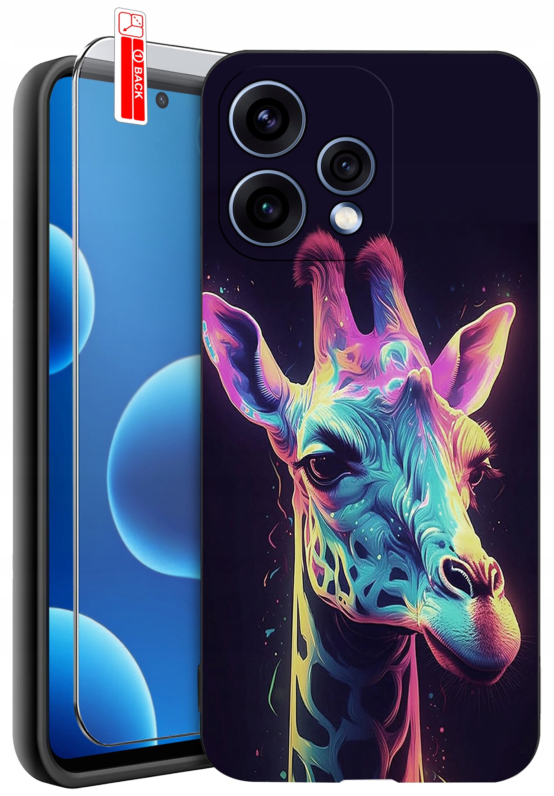 Etui na telefon z kolorowym wzorem żyrafy, obok którego znajduje się szkło ochronne z oznaczeniem \'BACK\'.