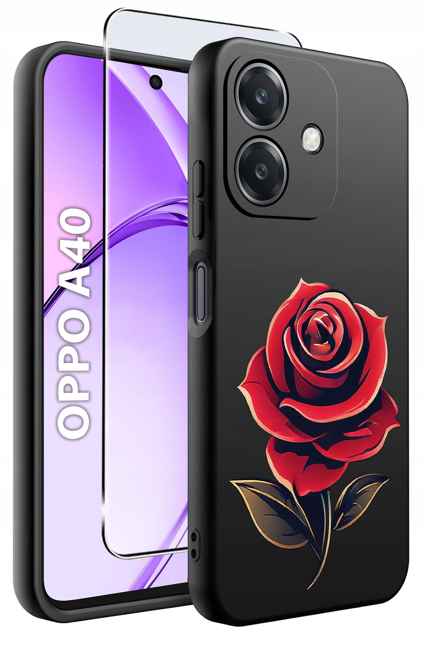 Obraz przedstawia czarne etui na telefon z czerwonym wzorem róży oraz szkło ochronne. Na ekranie telefonu widoczny jest napis \'OPPO A40\'.