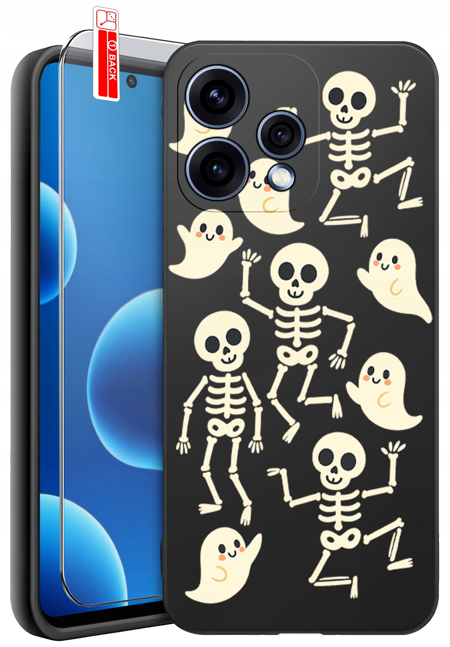 Czarne etui na telefon z wzorem białych szkieletów i duchów. Obok znajduje się szkło ochronne z oznaczeniem \'BACK\'.