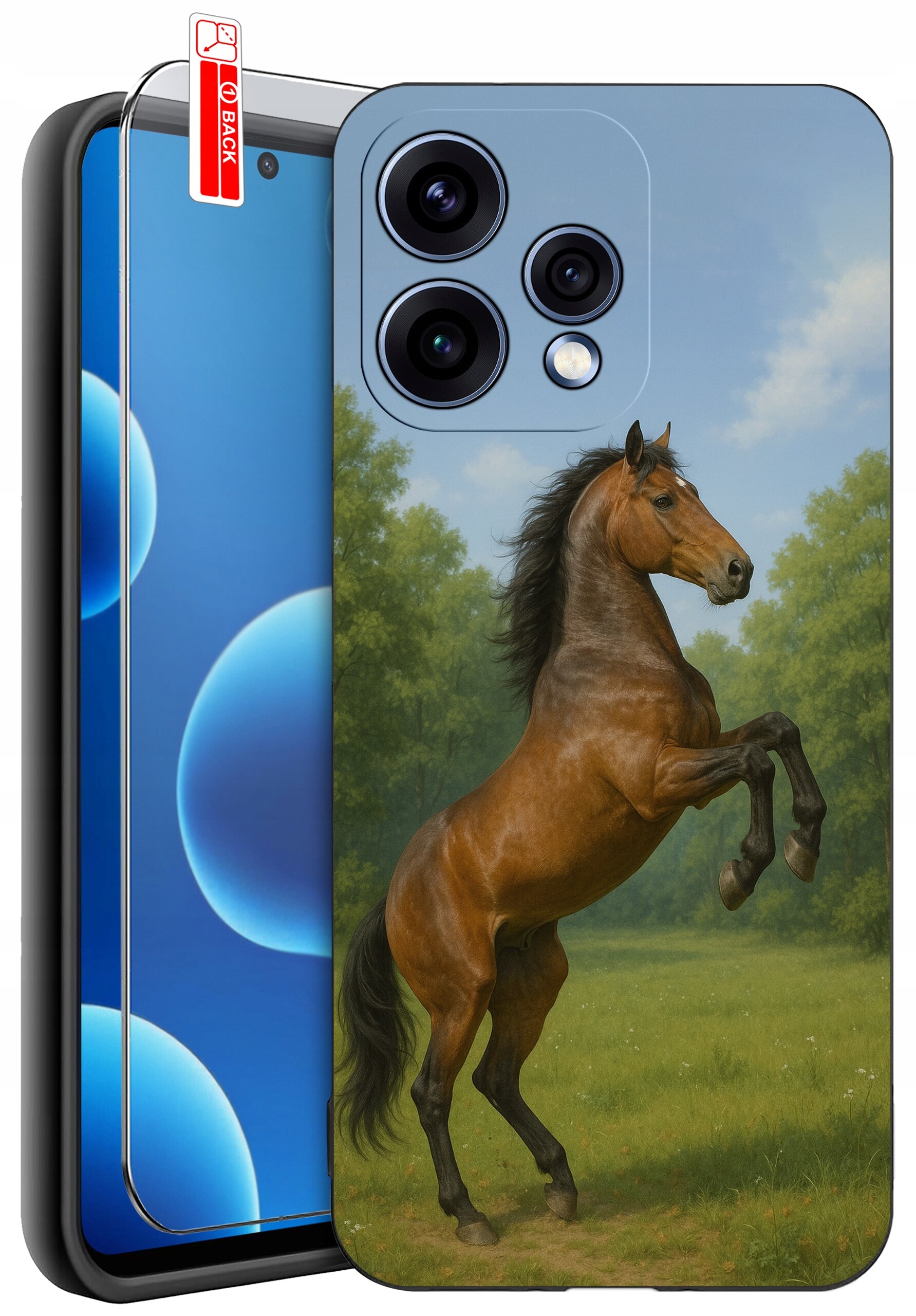 Etui na telefon z nadrukiem konia na tle zielonego krajobrazu, obok widoczna jest szybka ochronna z napisem \'BACK\'.