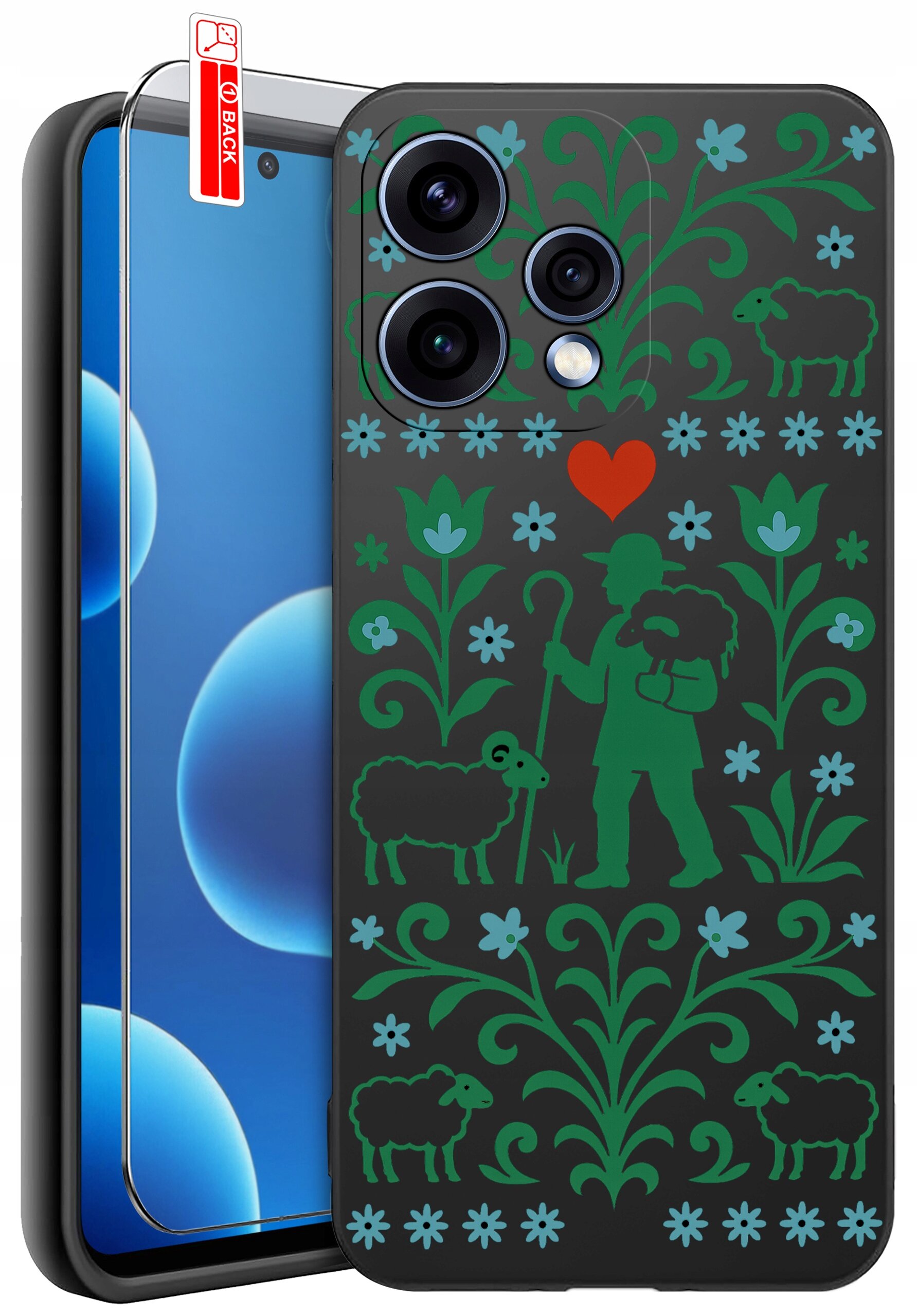 Etui na telefon z wzorem przedstawiającym pasterza z owcami, otoczonego kwiatami i sercem. Obok etui znajduje się szkło ochronne z oznaczeniem \'BACK\'.