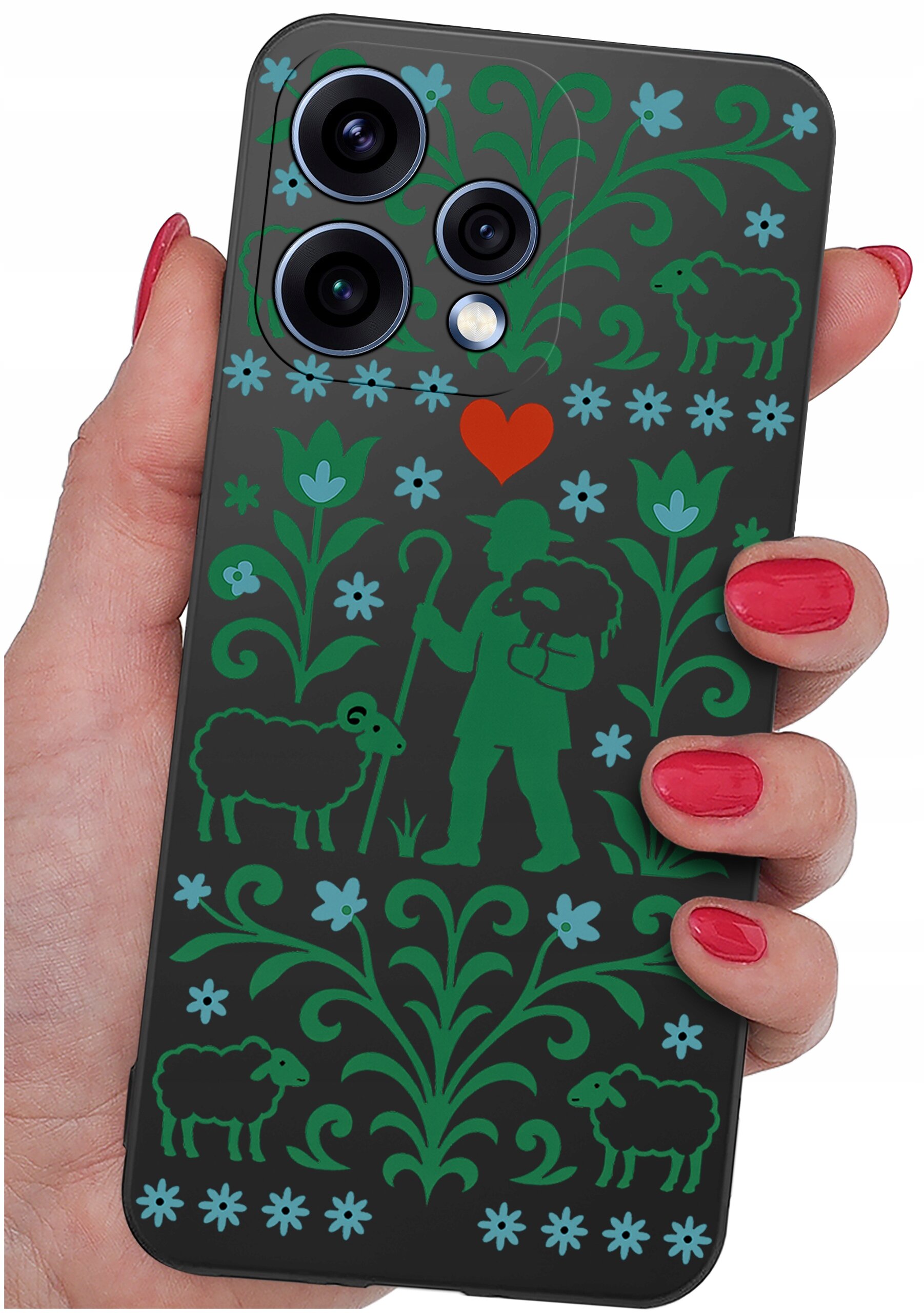 Etui na telefon z wzorem przedstawiającym pasterza z owcami, otoczonego zielonymi roślinami i niebieskimi kwiatami na czarnym tle. Wzór zawiera także czerwone serce nad postacią pasterza.