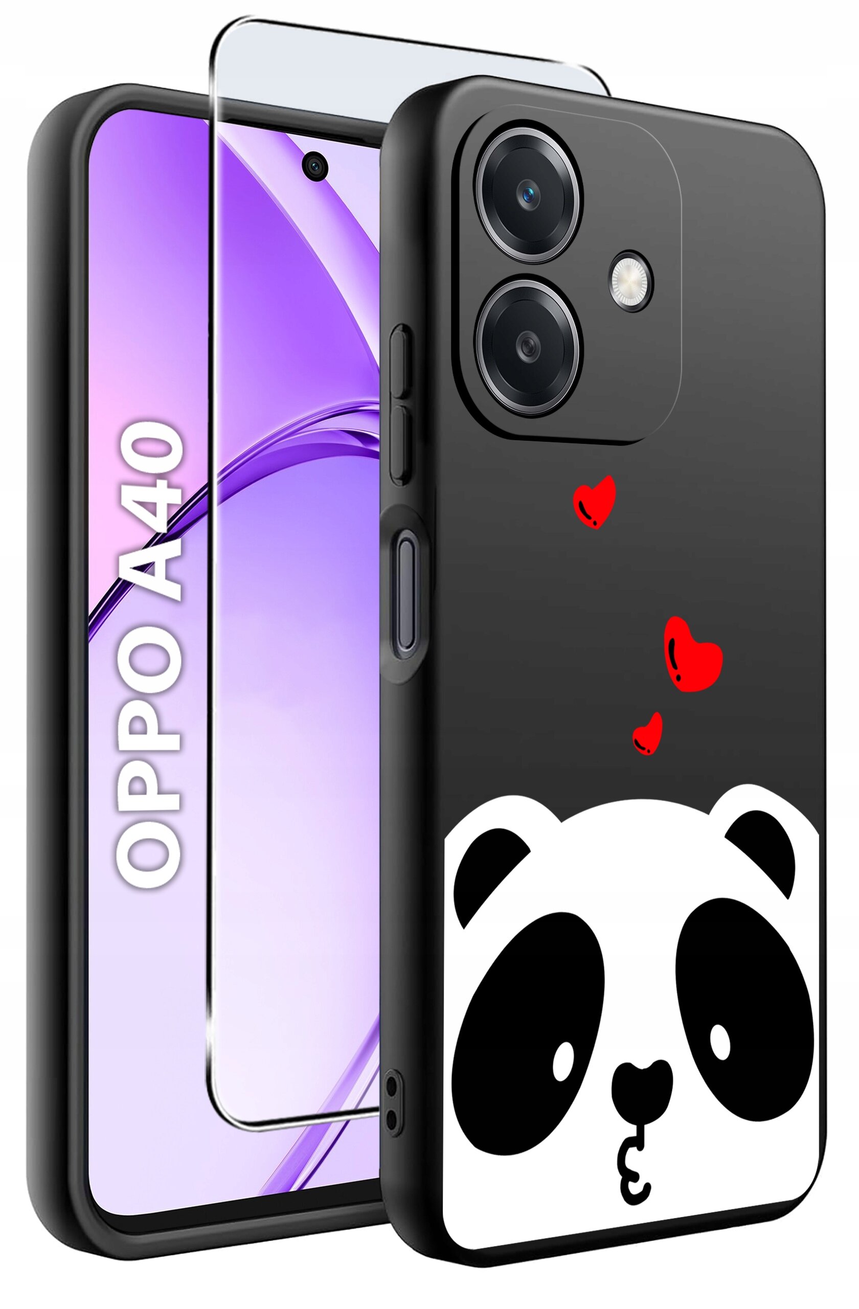 Obraz przedstawia czarne etui na telefon z motywem pandy i czerwonymi serduszkami oraz szkło ochronne. Na ekranie telefonu widoczny jest napis \'OPPO A40\'.