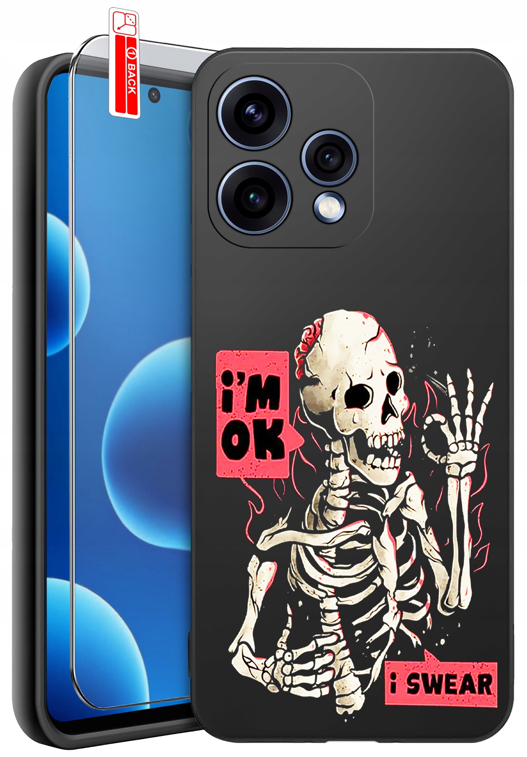 Etui na telefon z grafiką szkieletu i napisami \'I\'m OK\' oraz \'I SWEAR\'. Obok etui znajduje się szkło ochronne z oznaczeniem \'BACK\'.
