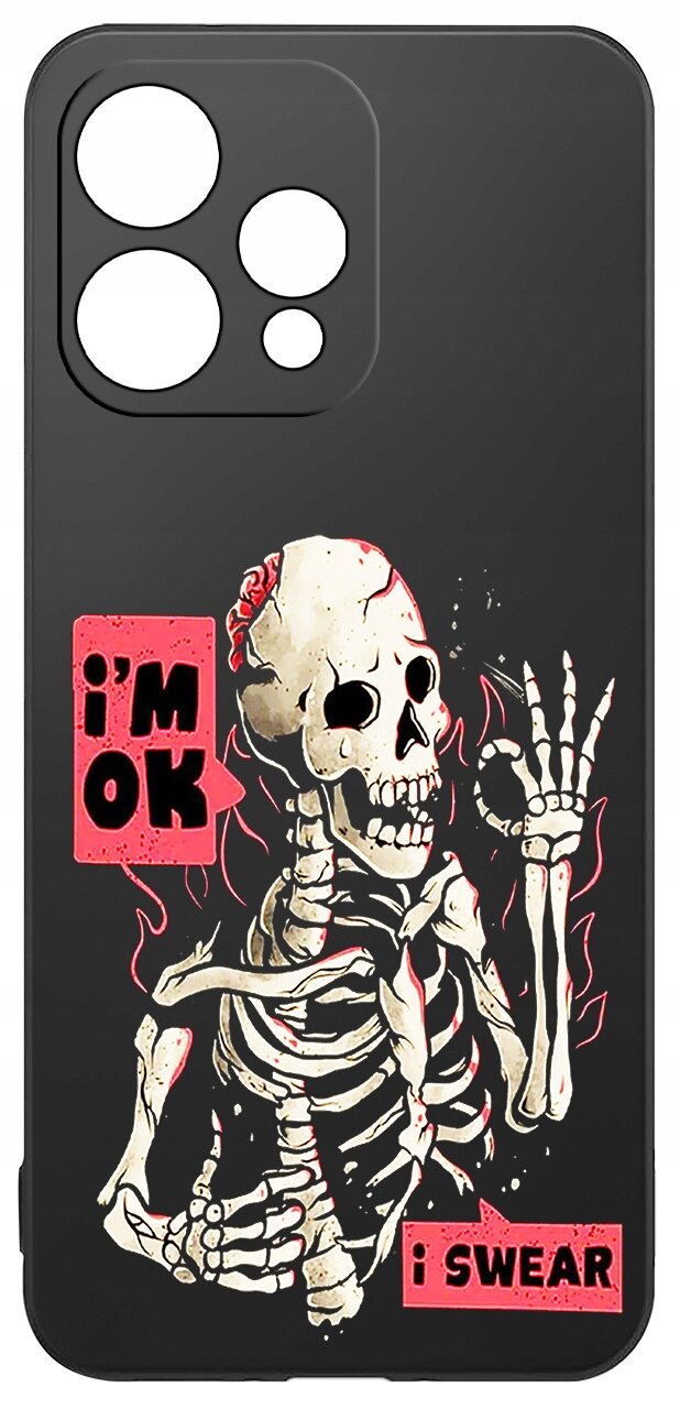 Czarne etui z nadrukiem szkieletu w pozycji gestykulującej, z napisami \'i\'m OK\' oraz \'i SWEAR\' na czerwonych tłach.