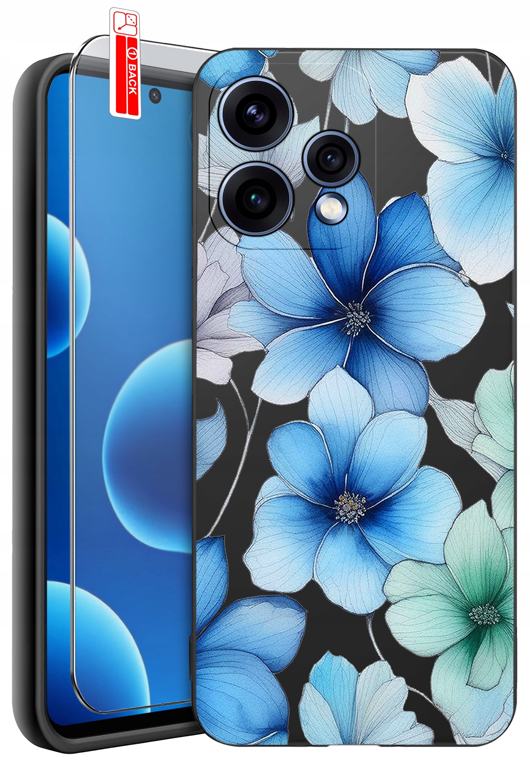 Etui na telefon z wzorem niebieskich i zielonych kwiatów oraz szkło ochronne z napisem \'BACK\'.