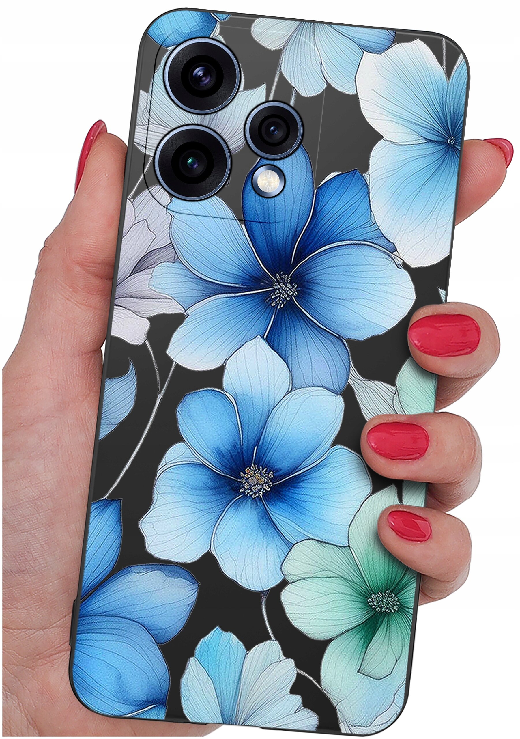Etui na telefon z motywem dużych, niebieskich i zielonych kwiatów na czarnym tle, trzymane w dłoni. Widoczne są trzy obiektywy aparatu oraz napis \'AI 64MP\'.
