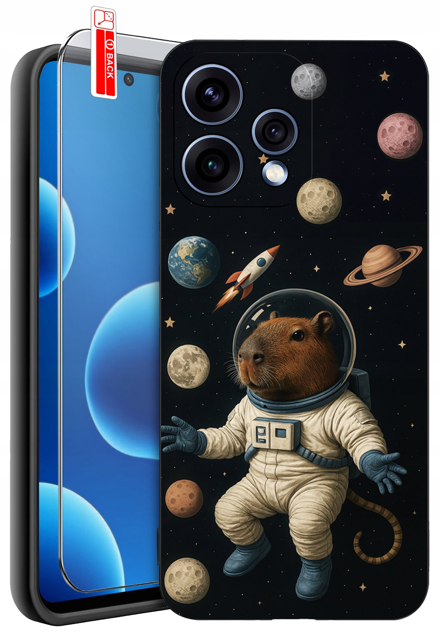 Etui na telefon z grafiką przedstawiającą zwierzę w skafandrze kosmicznym, otoczone planetami i rakietą na tle kosmosu. Obok etui znajduje się szkło ochronne z oznaczeniem \'BACK\'.