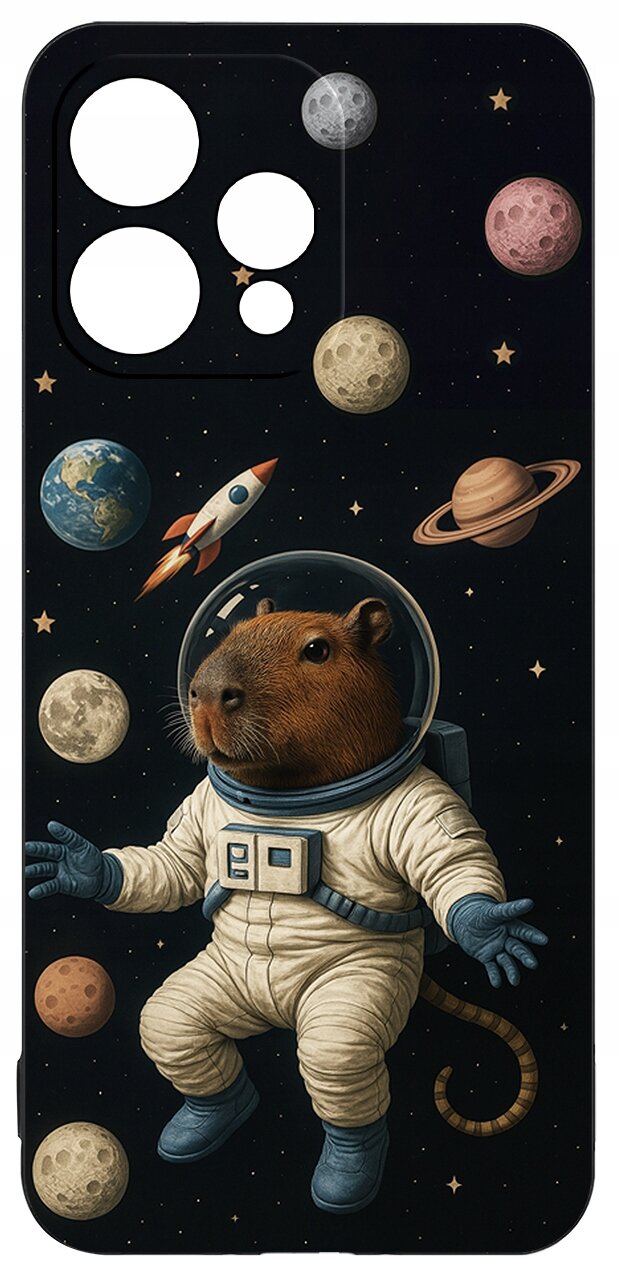 Etui na telefon z motywem kosmicznym, przedstawiające zwierzę w skafandrze astronauty otoczone planetami i rakietą na tle gwiazd.