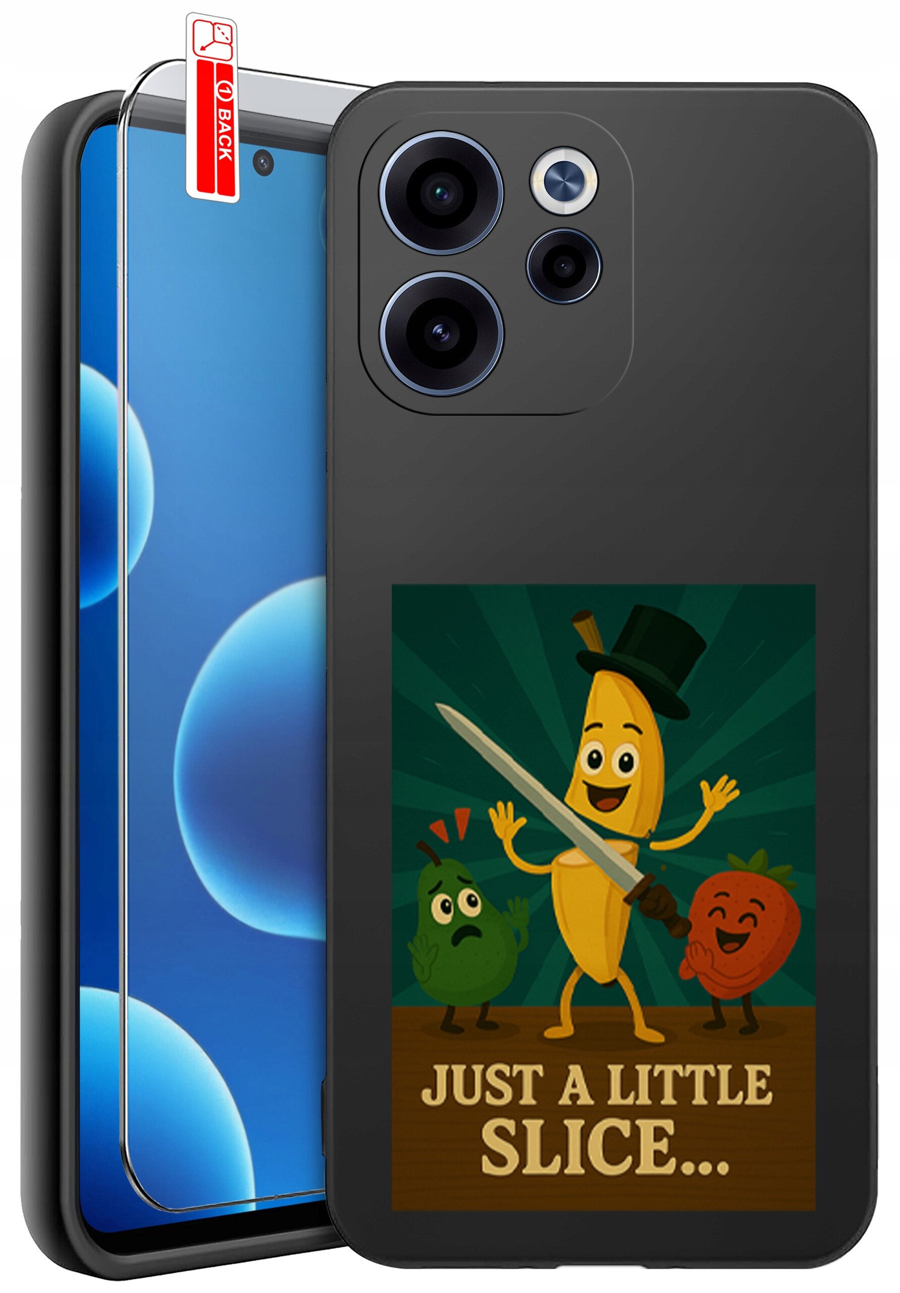 Czarne etui na telefon z nadrukiem przedstawiającym uśmiechnięte owoce, w tym banana w cylindrze trzymającego miecz. Pod obrazkiem znajduje się napis \'JUST A LITTLE SLICE...\'.