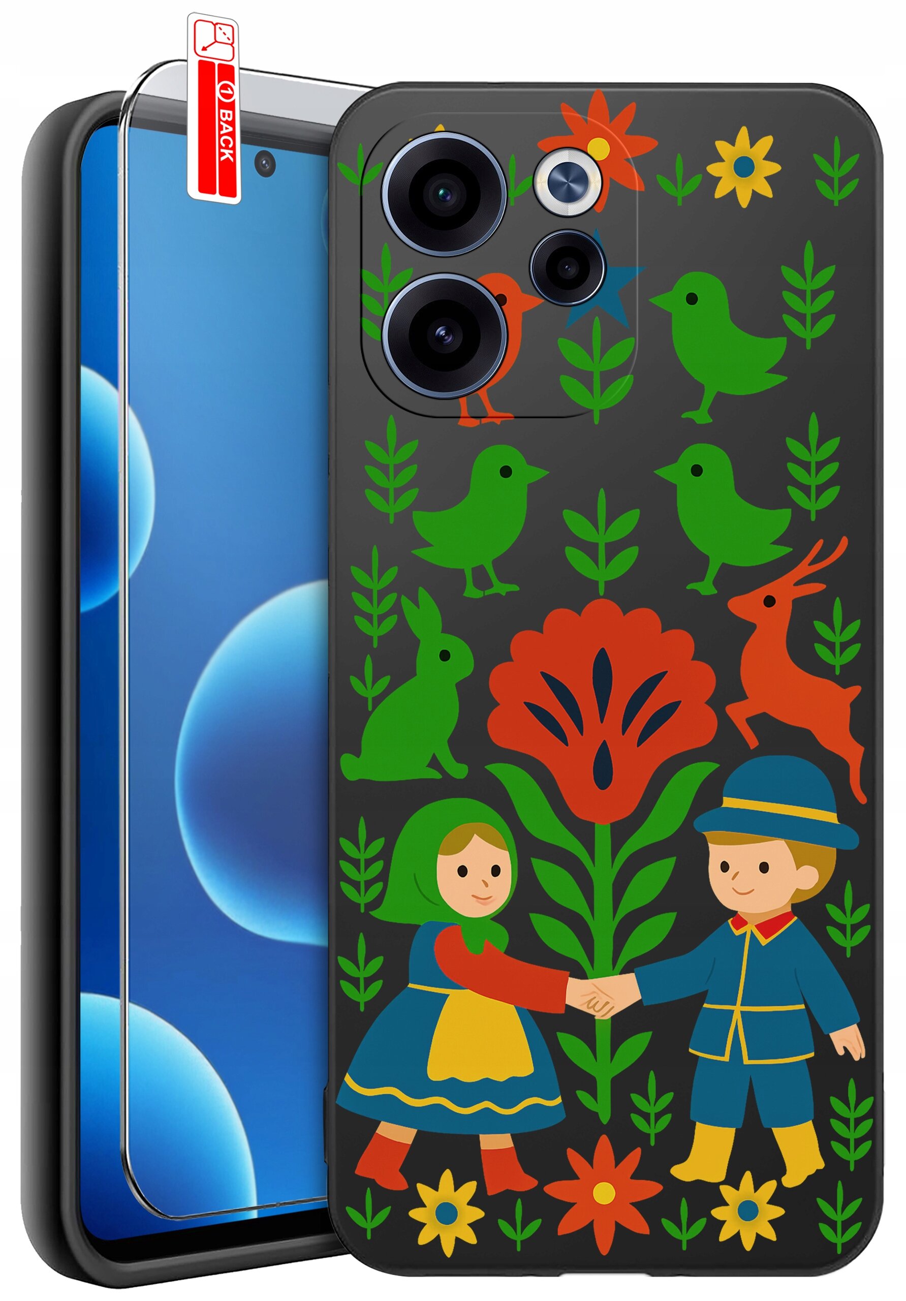 Etui na telefon z kolorowym wzorem przedstawiającym postacie, zwierzęta i rośliny na ciemnym tle. Obok etui znajduje się szkło ochronne z napisem \'BACK\'.