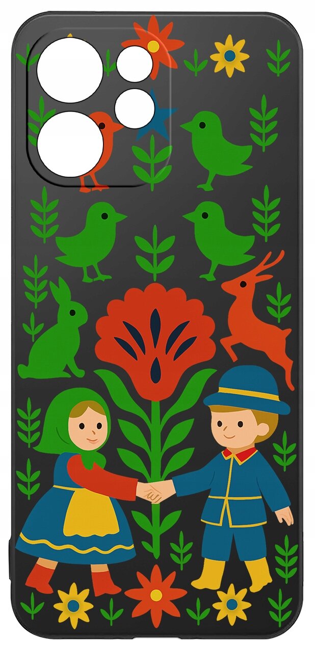 Etui na telefon z kolorowym wzorem przedstawiającym postacie w tradycyjnych strojach, otoczone kwiatami i zwierzętami na czarnym tle.