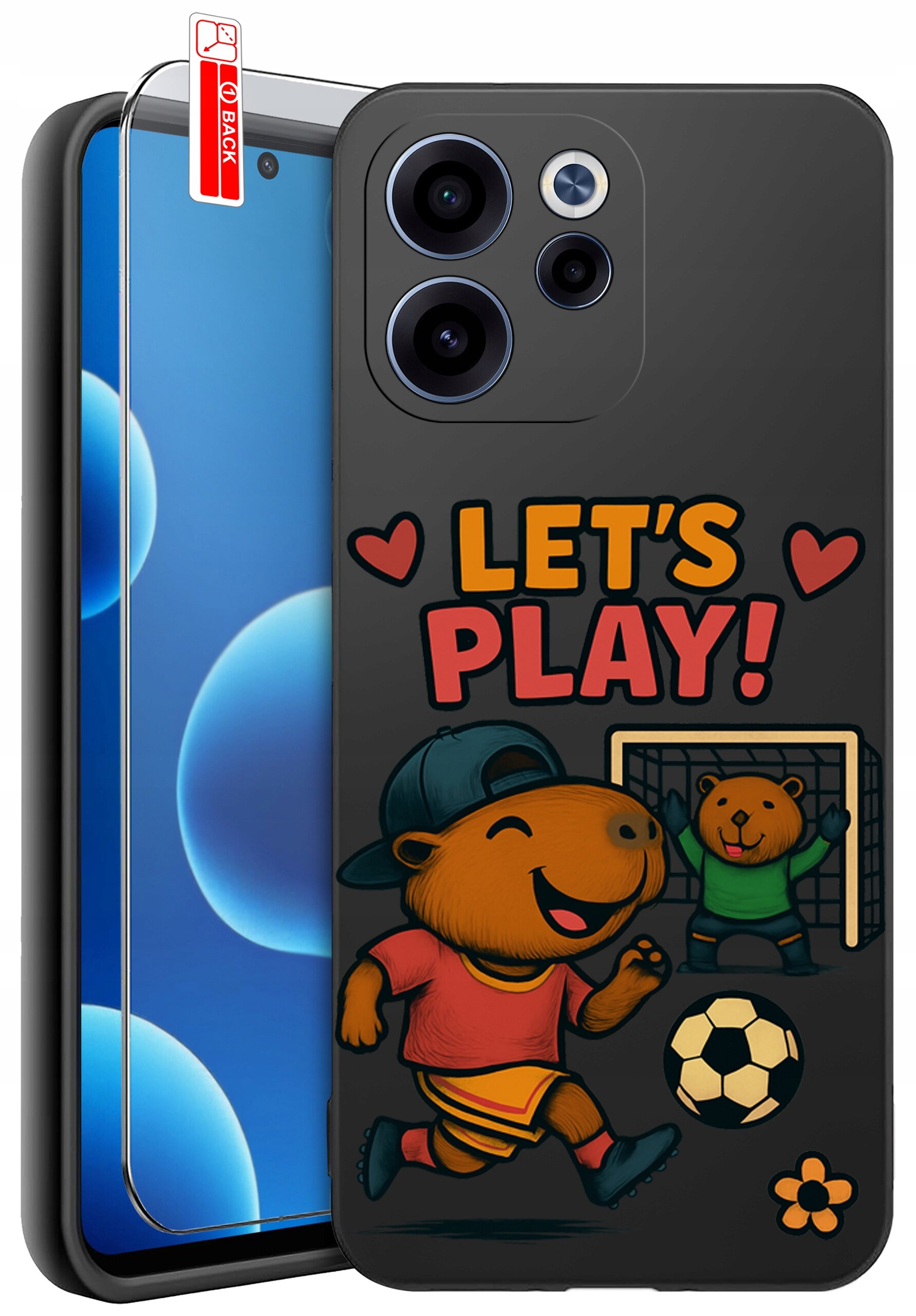 Etui na telefon z kolorowym nadrukiem przedstawiającym zwierzęta grające w piłkę nożną oraz napis \'LET\'S PLAY!\'. Obok etui znajduje się szkło ochronne z oznaczeniem \'BACK\'.