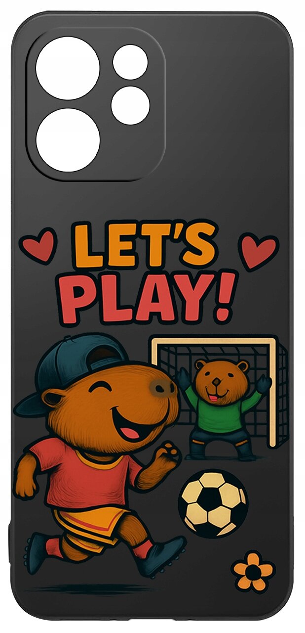 Czarne etui z kolorowym nadrukiem przedstawiającym zwierzęta grające w piłkę nożną oraz napis \'LET\'S PLAY!\'.