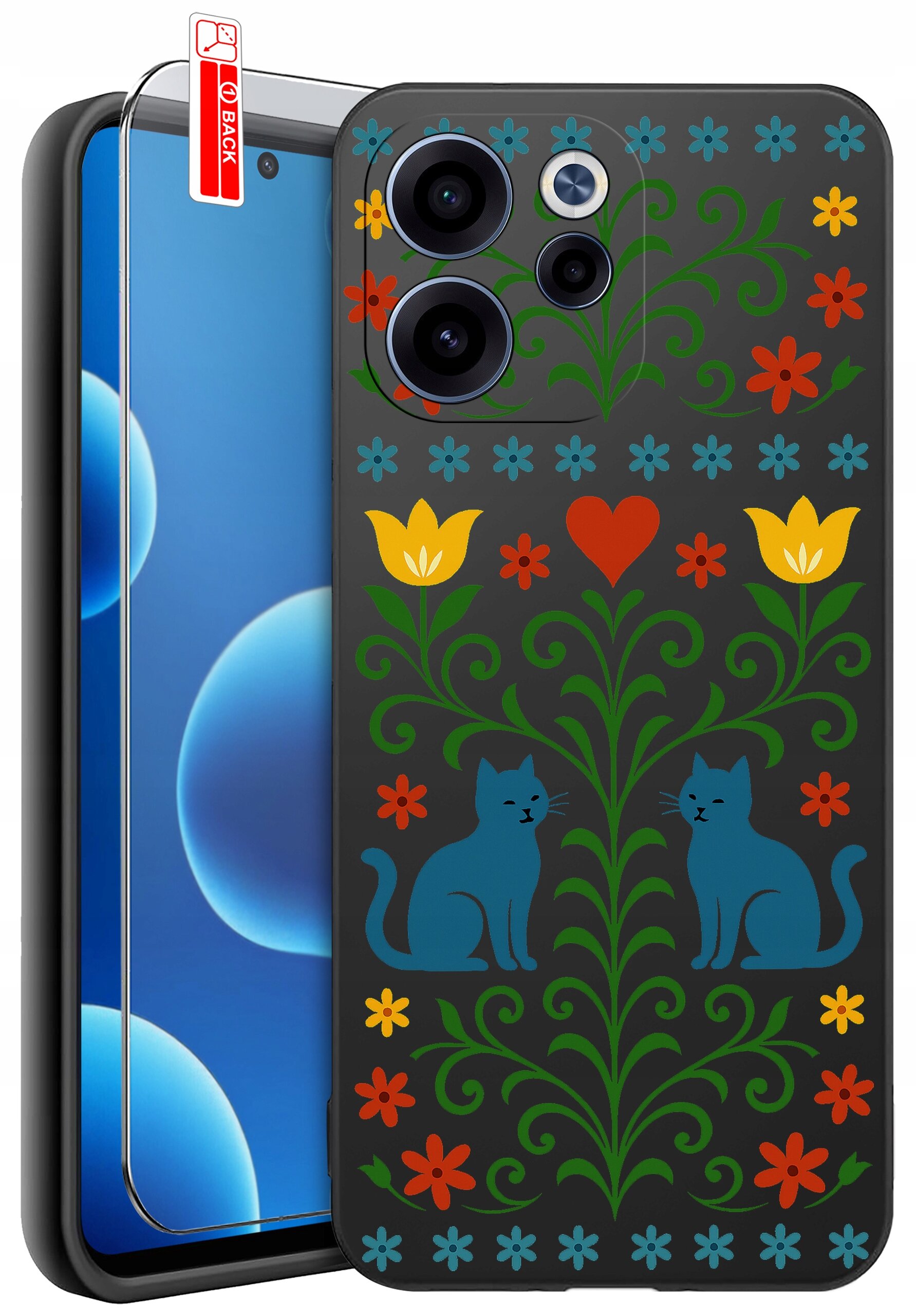 Etui na telefon z kolorowym wzorem przedstawiającym dwa niebieskie koty, kwiaty i serce na ciemnym tle. Obok etui znajduje się szkło ochronne z napisem \'BACK\'.