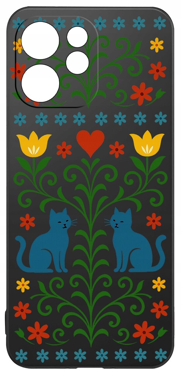 Etui na telefon z kolorowym wzorem przedstawiającym dwa niebieskie koty, żółte kwiaty i czerwone serce na czarnym tle. Wzór jest symetryczny z dodatkowymi zielonymi elementami roślinnymi i ma otwory na aparat.