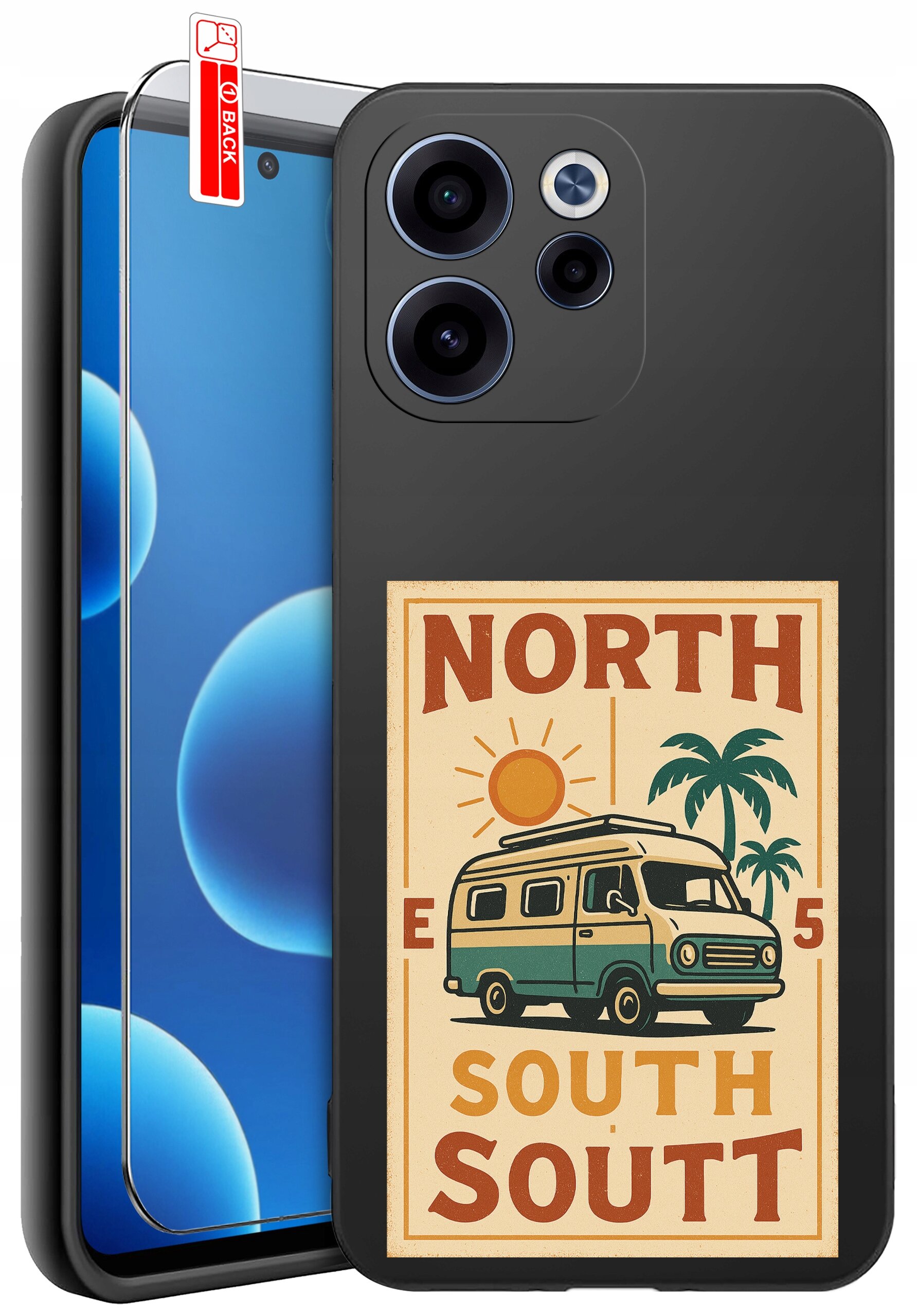 Obraz przedstawia silikonowe etui na telefon z nadrukiem przedstawiającym samochód kempingowy, słońce i palmy oraz napisy \'NORTH\', \'SOUTH\', \'SOUTT\'. Obok etui znajduje się szkło ochronne z czerwoną naklejką \'BACK\'.
