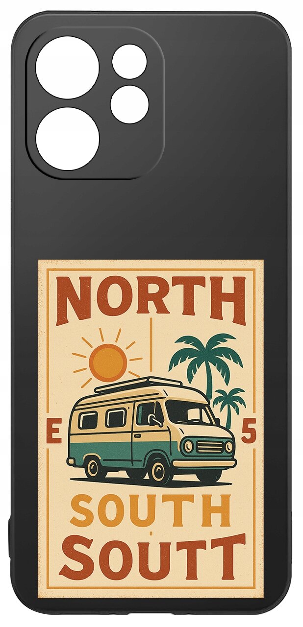 Czarne etui na telefon z grafiką przedstawiającą zielony kamper, palmę i słońce oraz napisy \'NORTH\', \'SOUTH\', \'SOUTT\', \'E\', \'5\'.