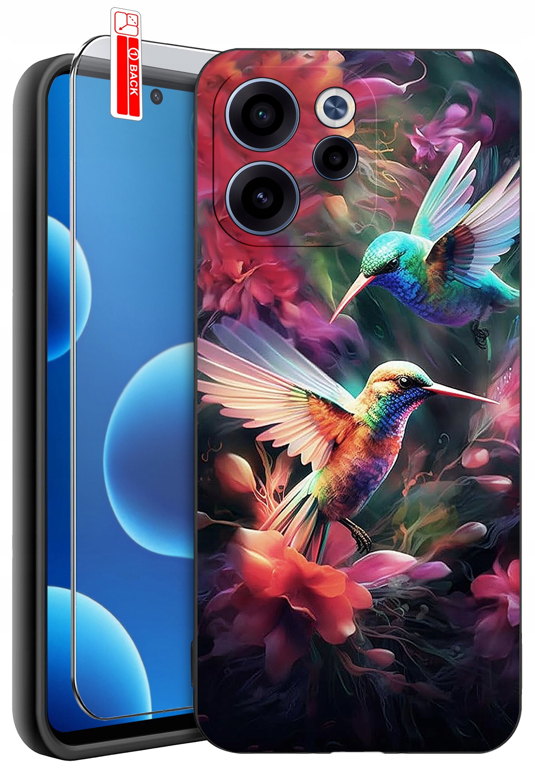 Etui na telefon z kolorowym wzorem przedstawiającym dwa kolibry wśród kwiatów. Obok etui znajduje się szkło ochronne z napisem \'BACK\'.
