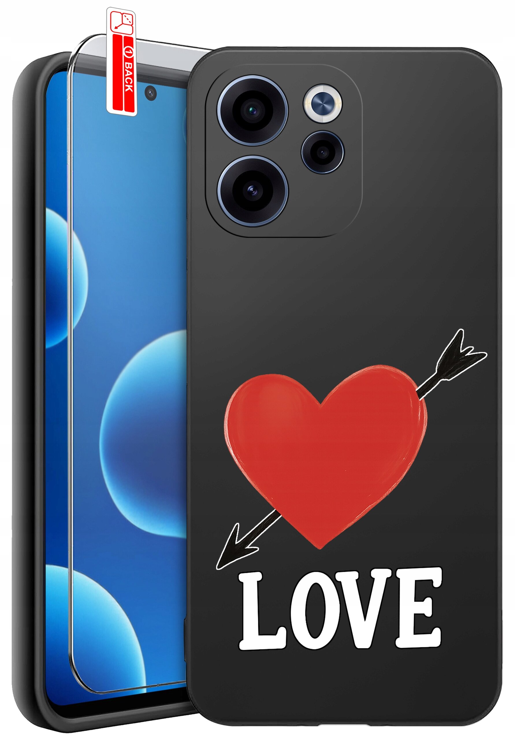 Czarne etui na telefon z czerwonym sercem przebitym strzałą i napisem \'LOVE\'. Obok etui znajduje się szkło ochronne z oznaczeniem \'BACK\'.